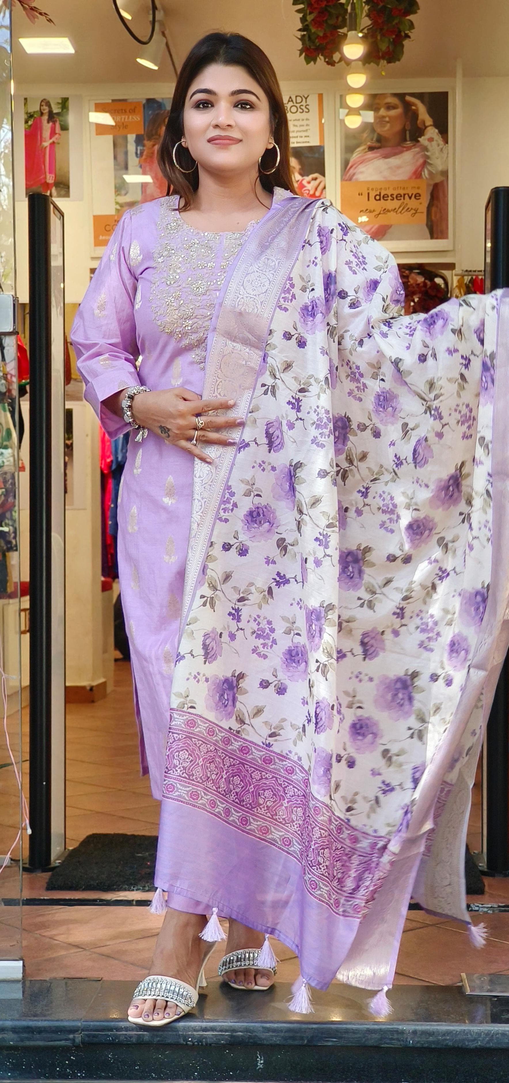 Elegant Purple Chanderi Kurta with Thread Embroidery, Coordinated Pant, and Floral Print Organza Dupatta (Dispatching will be after 20days only on Orders)