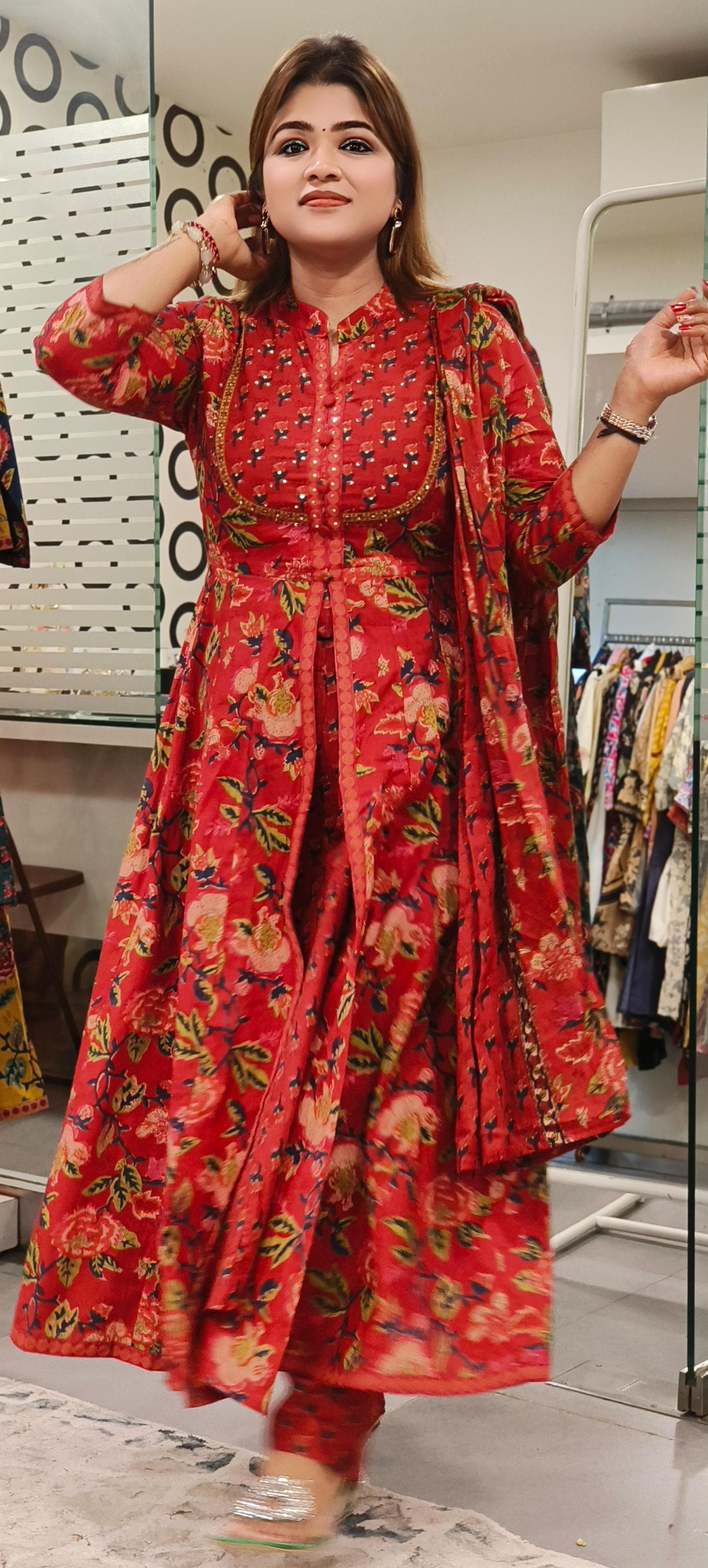 Beautiful Floral Printed Cotton Anarkali Full Set-08456-57