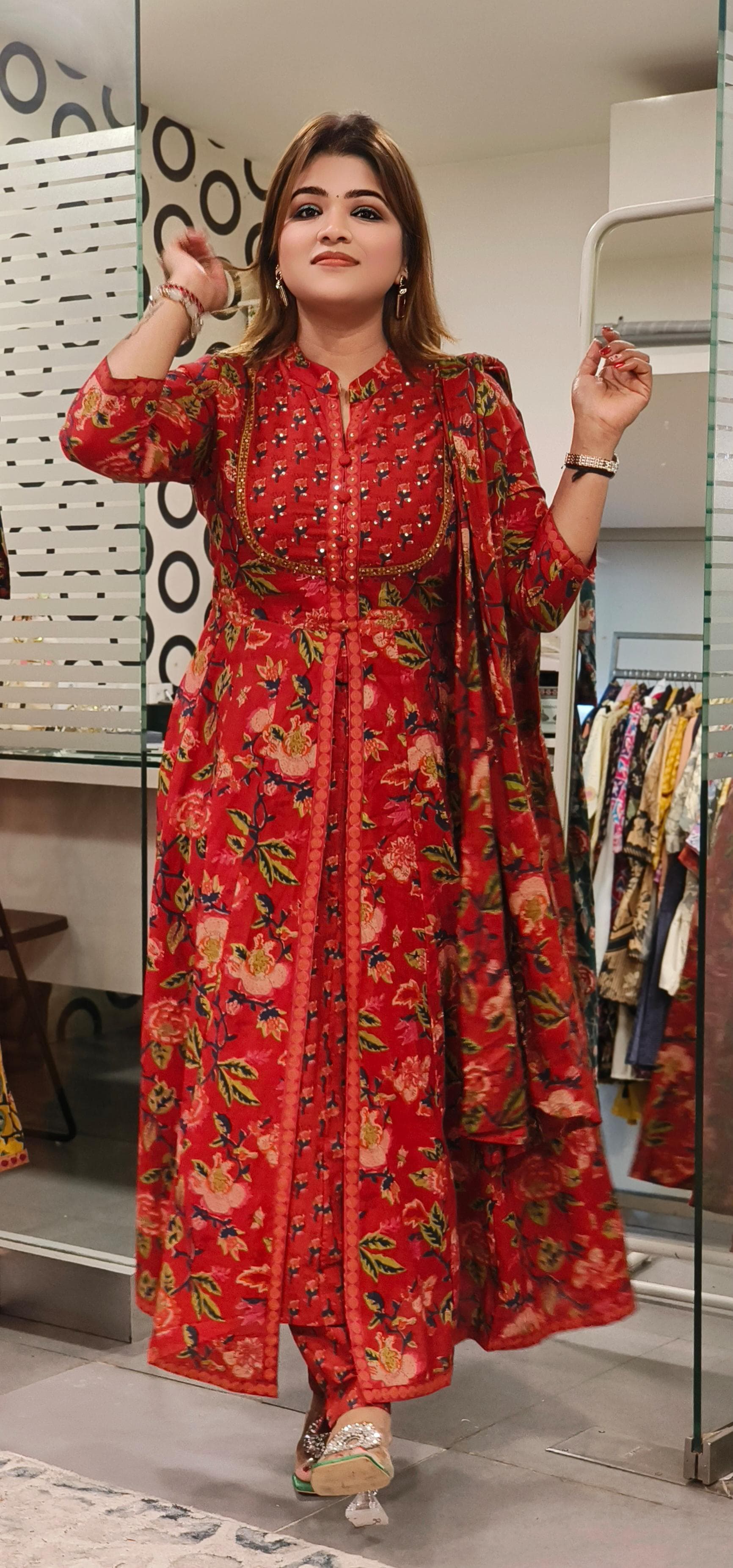 Beautiful Floral Printed Cotton Anarkali Full Set-08456-57