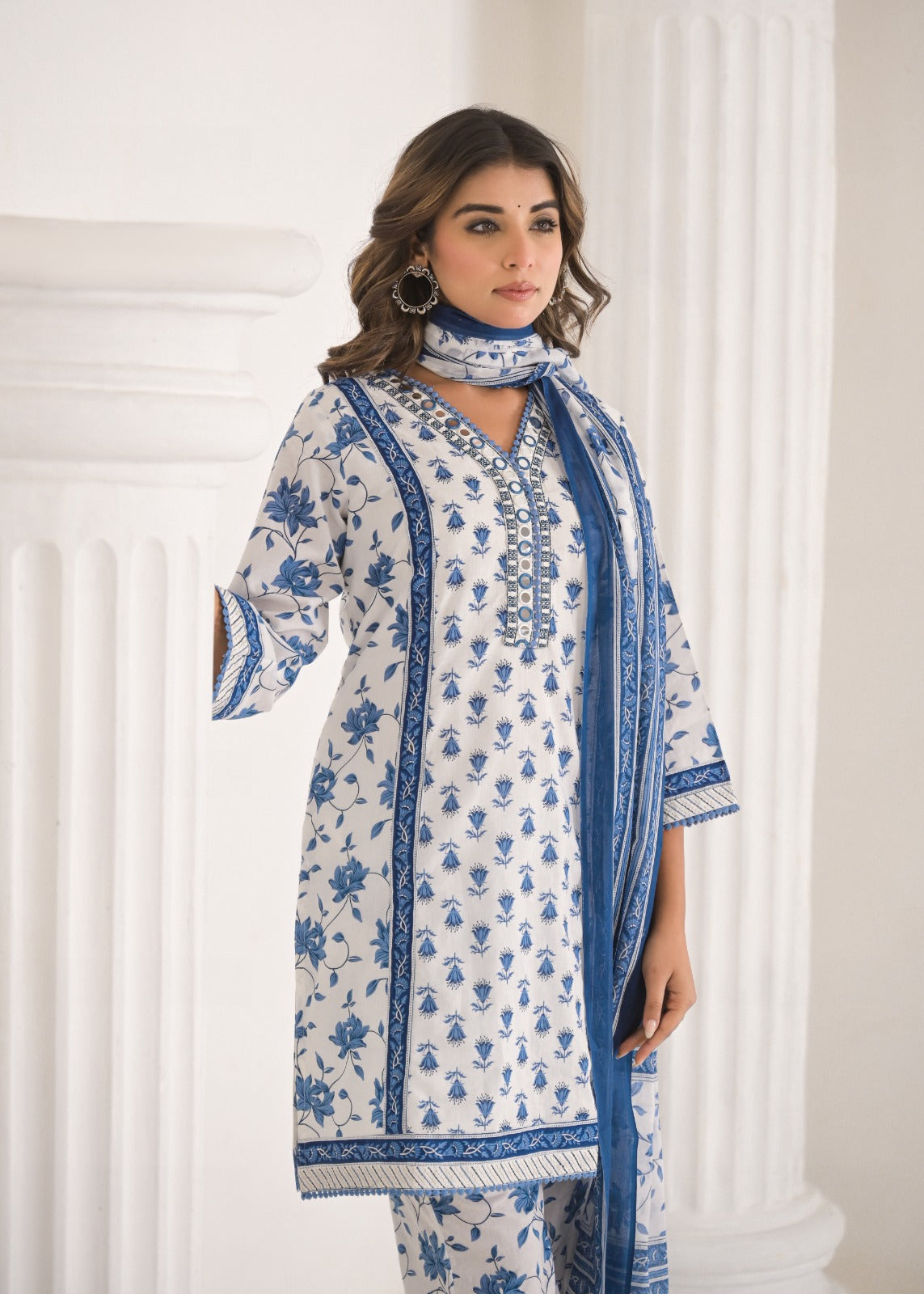 Pure Printed Cotton Foil Mirror Work Short Style Kurta With Taper Pants And Dupatta