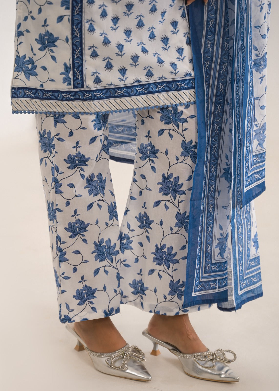 Pure Printed Cotton Foil Mirror Work Short Style Kurta With Taper Pants And Dupatta