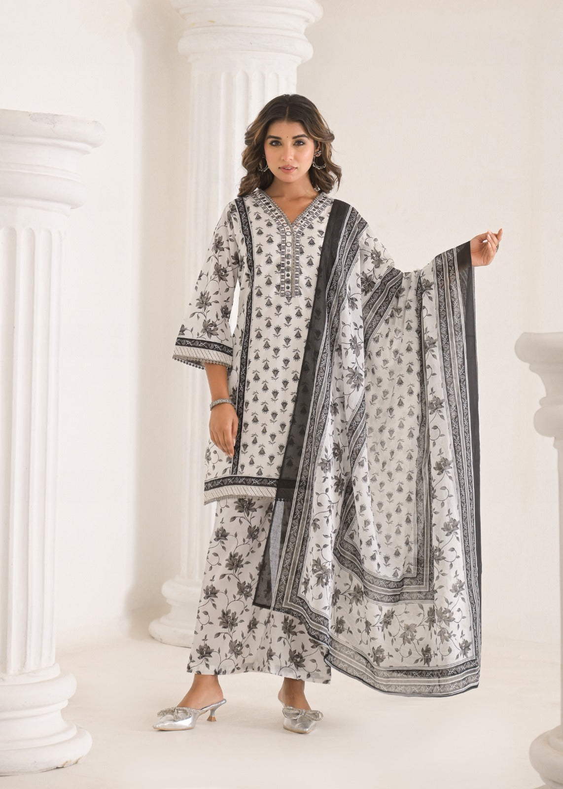 Pure Printed Cotton Foil Mirror Work Short Style Kurta With Taper Pants And Dupatta