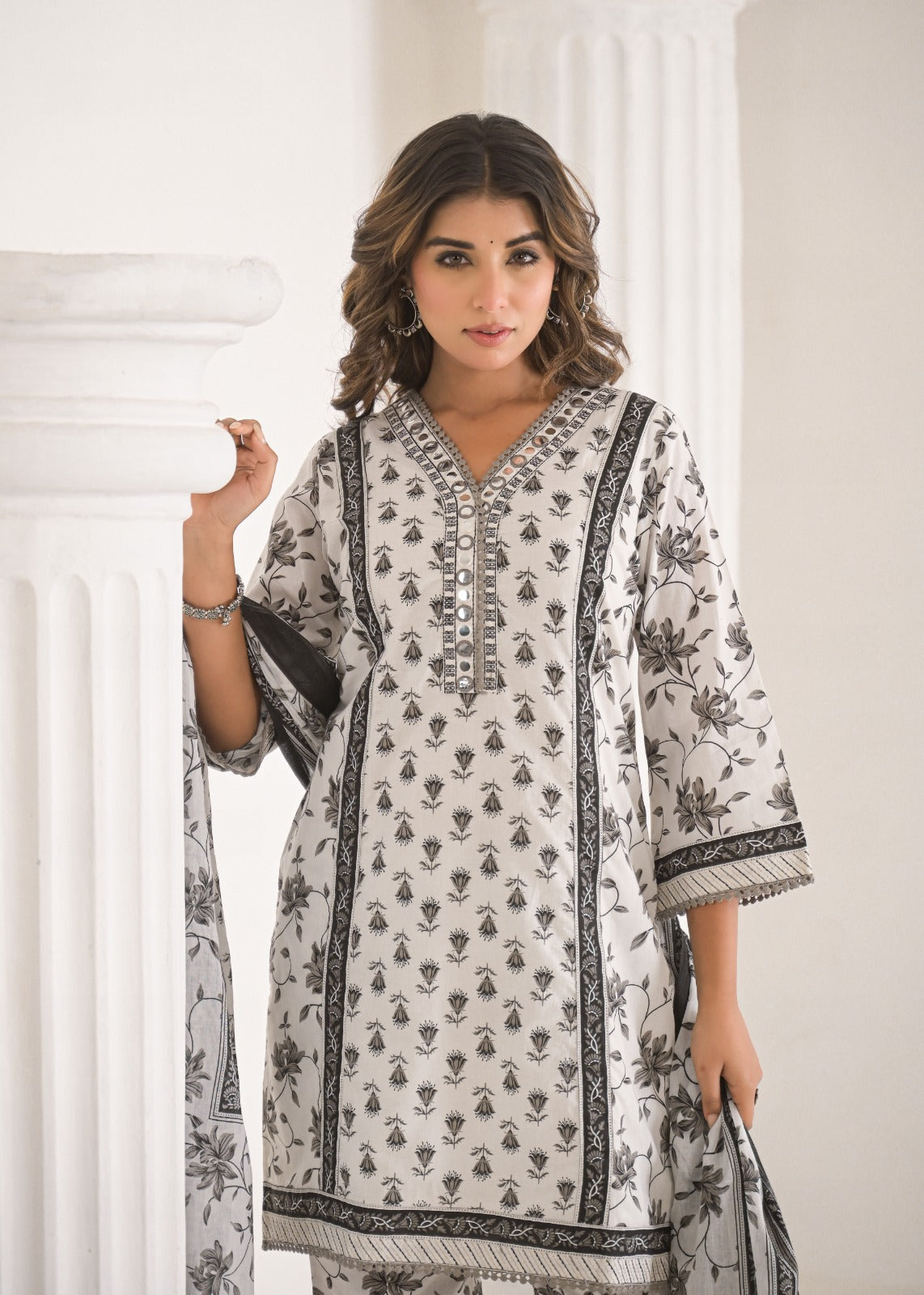 Pure Printed Cotton Foil Mirror Work Short Style Kurta With Taper Pants And Dupatta