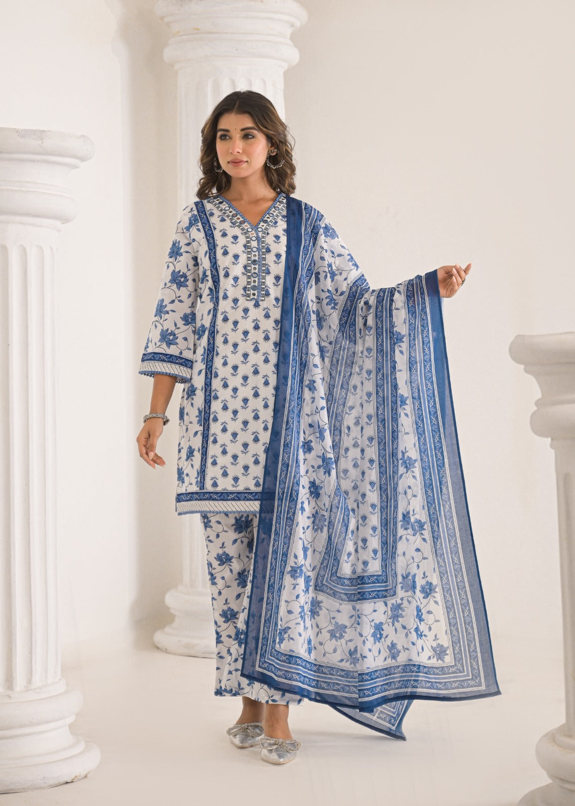 Pure Printed Cotton Foil Mirror Work Short Style Kurta With Taper Pants And Dupatta