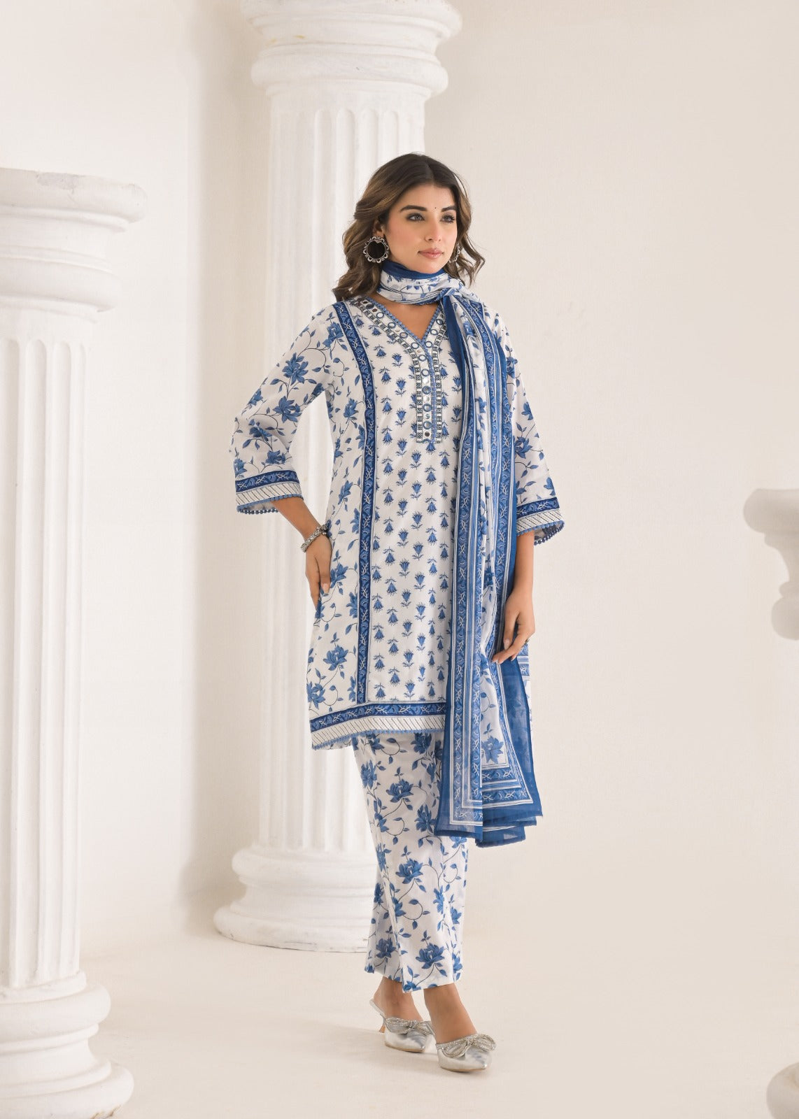 Pure Printed Cotton Foil Mirror Work Short Style Kurta With Taper Pants And Dupatta