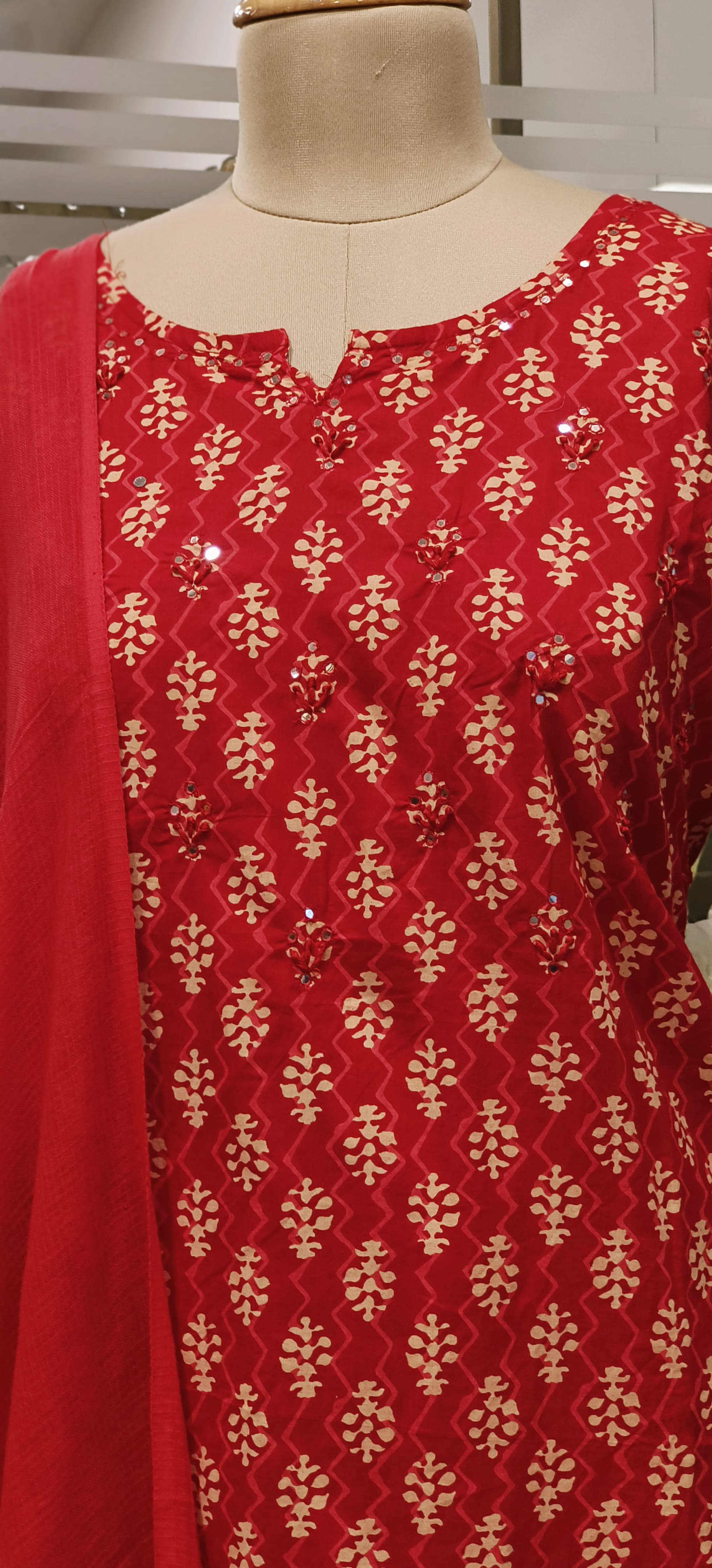 Printed Pure cotton red Full suit set-08087