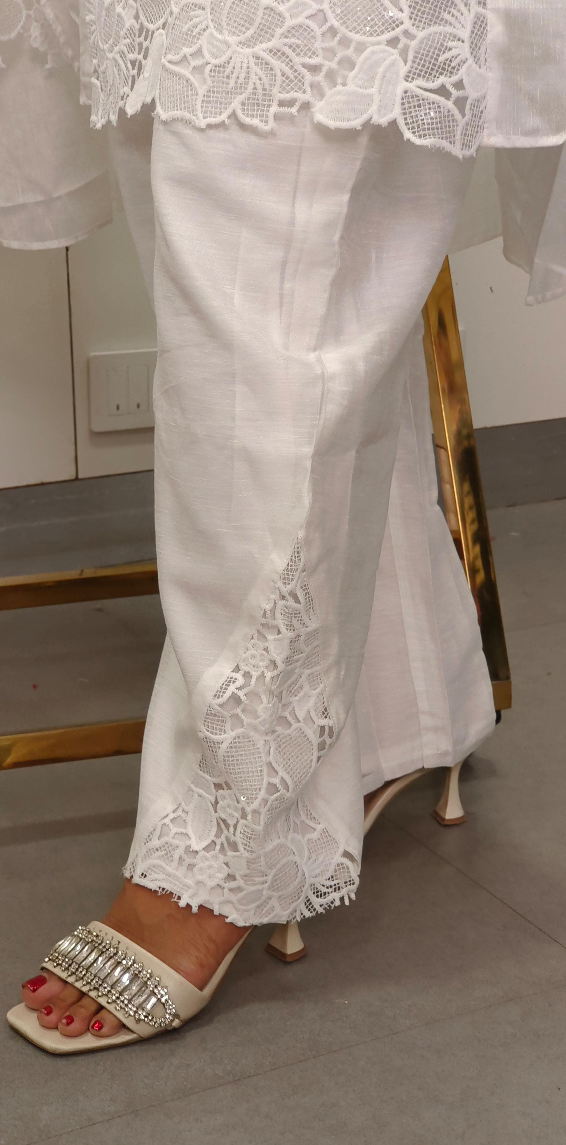 Beautiful Chanderi Cotton White Cut Work lace V-Neck Real Mirror Work Aline Kurta And Stylish Cutwork Pants-08580