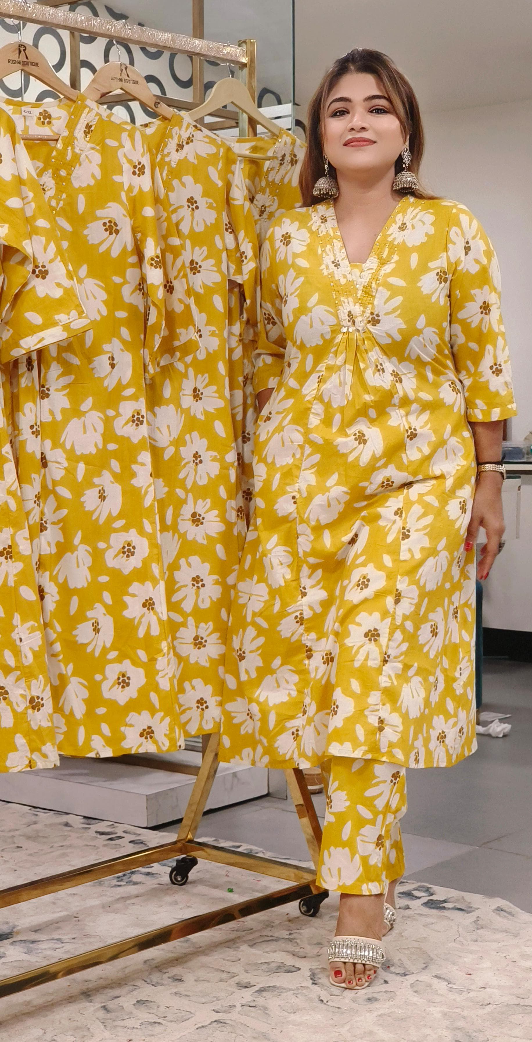 Beautiful Floral Print Yellow Cotton V neck Kurta with Pant-08505