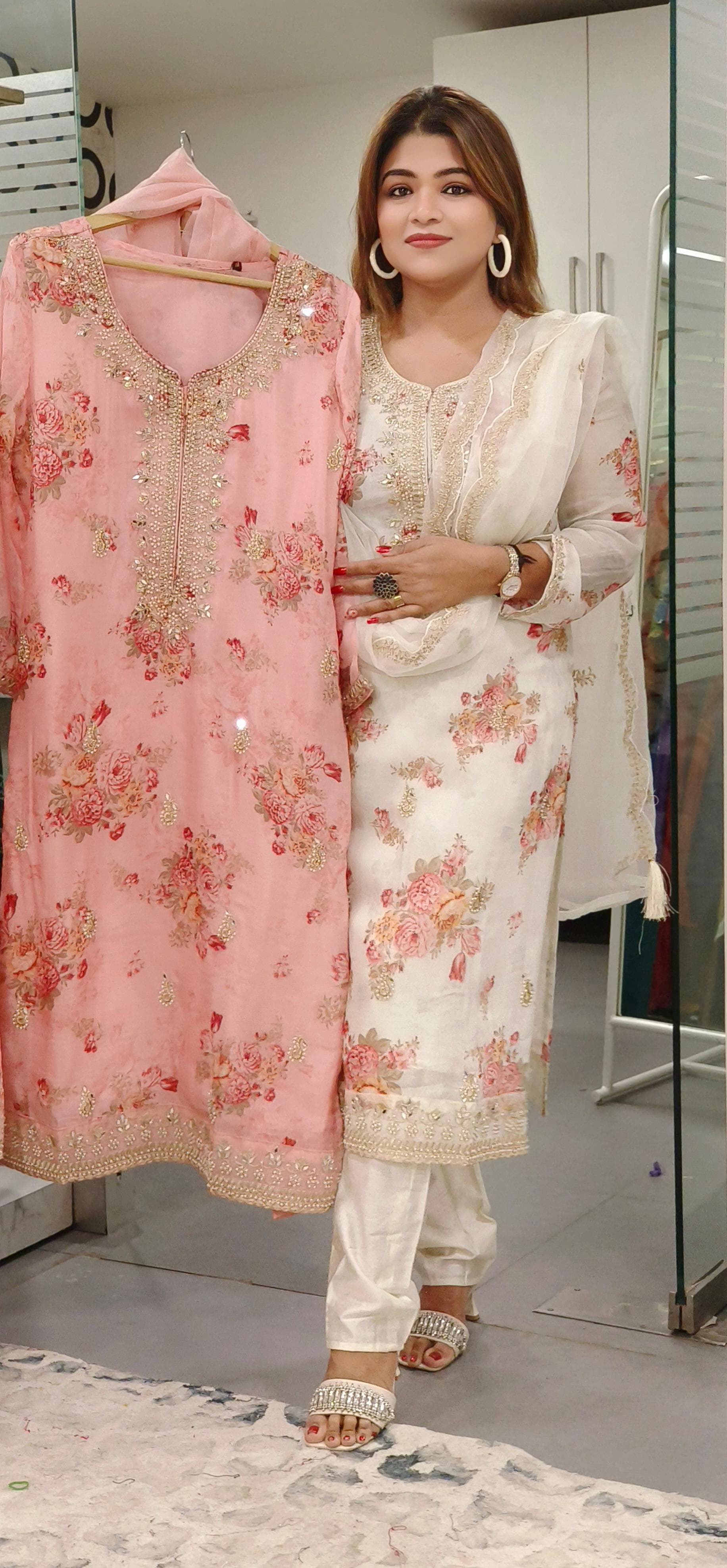 Elegant Organza Floral Print Embroidered Kurta Set with Dupatta-08584-85