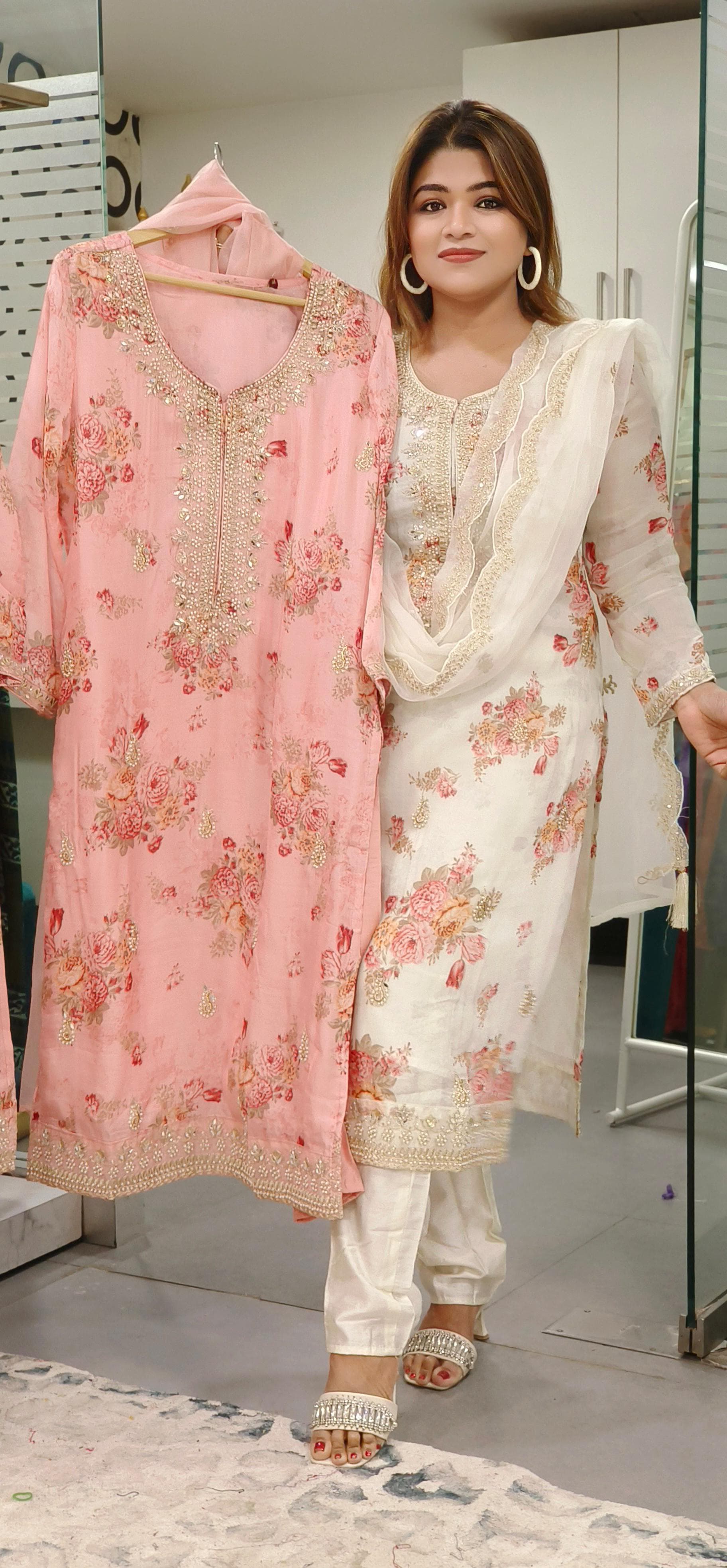 Elegant Organza Floral Print Embroidered Kurta Set with Dupatta-08584-85