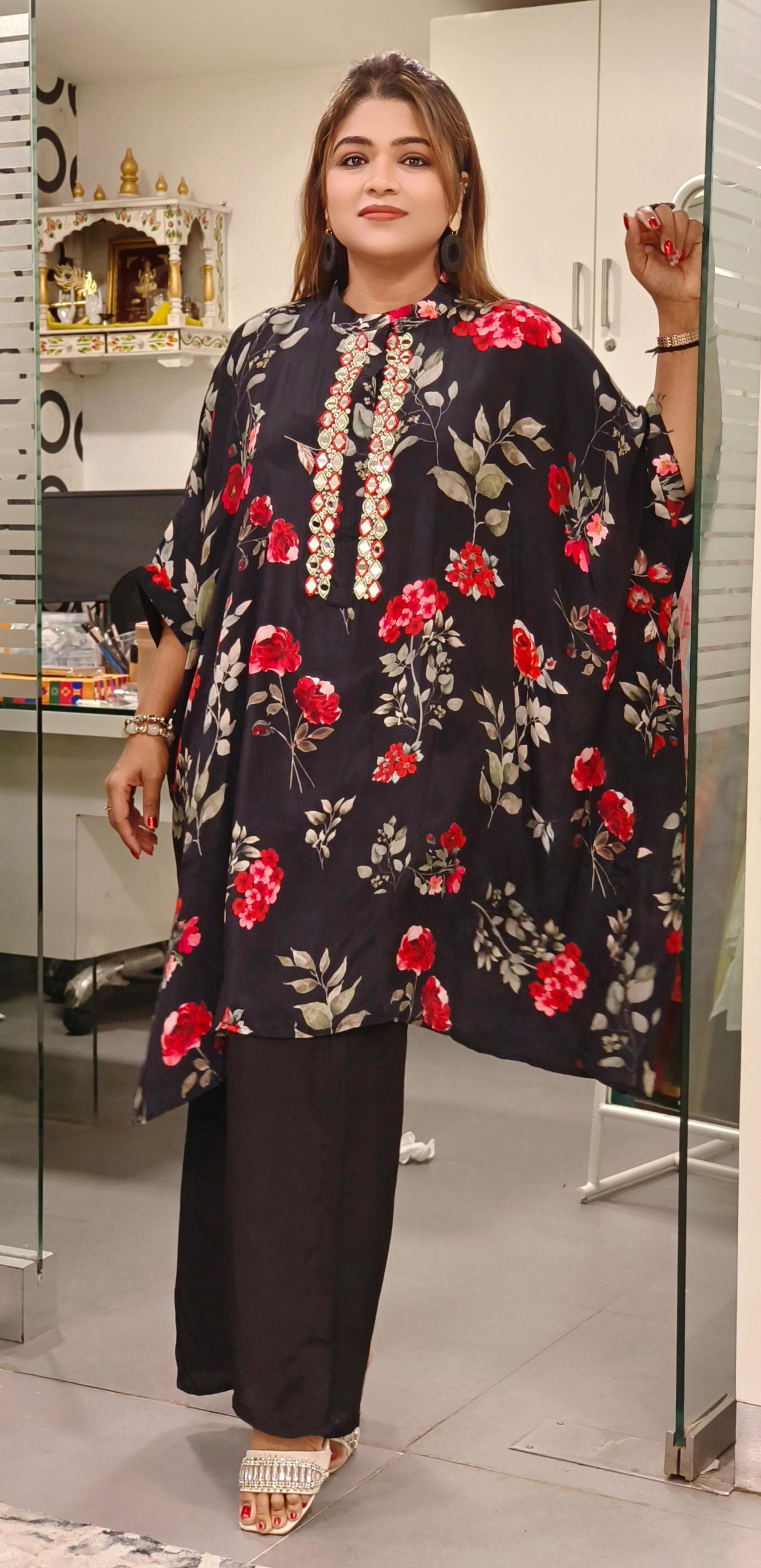 Elegant Floral Print Mirror Embroidered Kaftan with Matching Bottom-08593