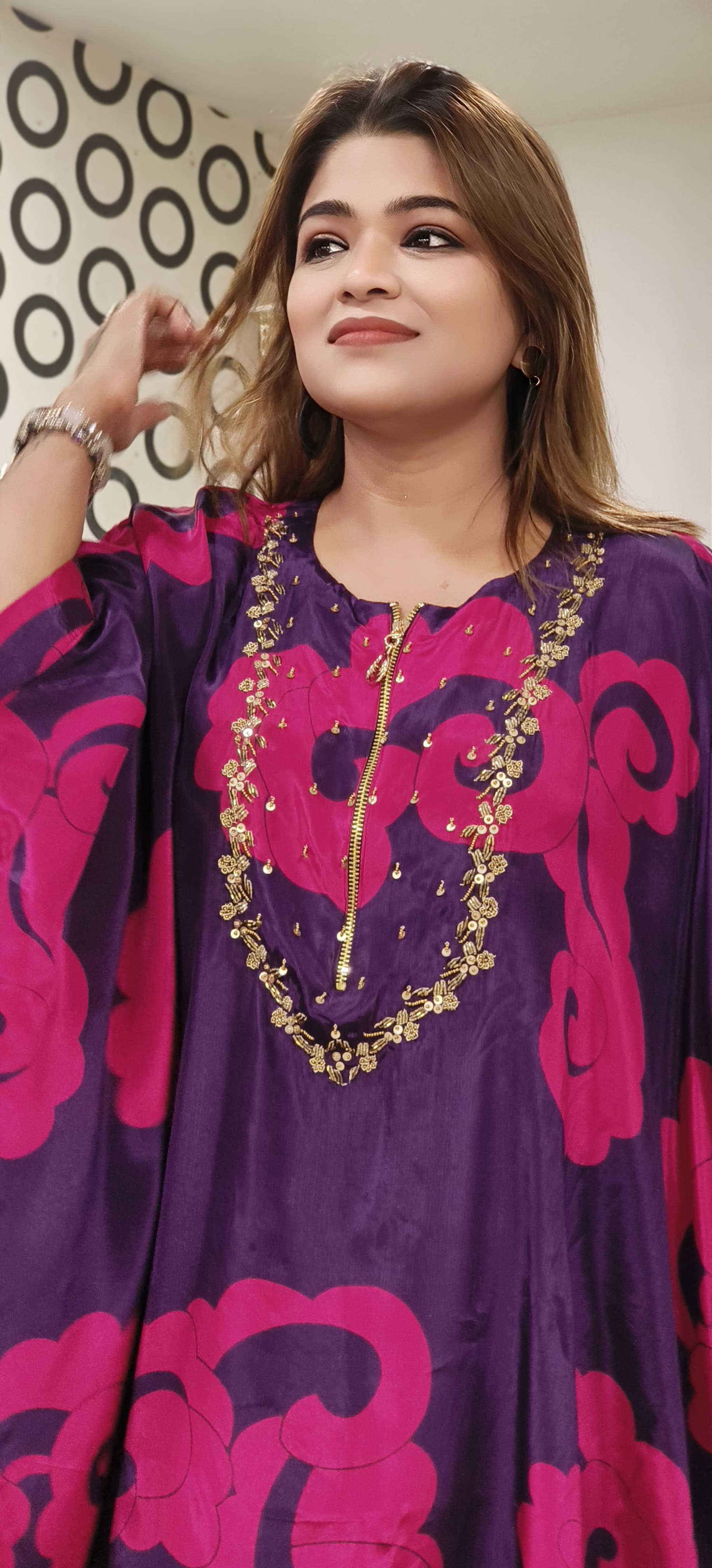 Beautiful Crape Floral Print Zip In Front With Tara Embroidered Kaftan with Bottom-08594