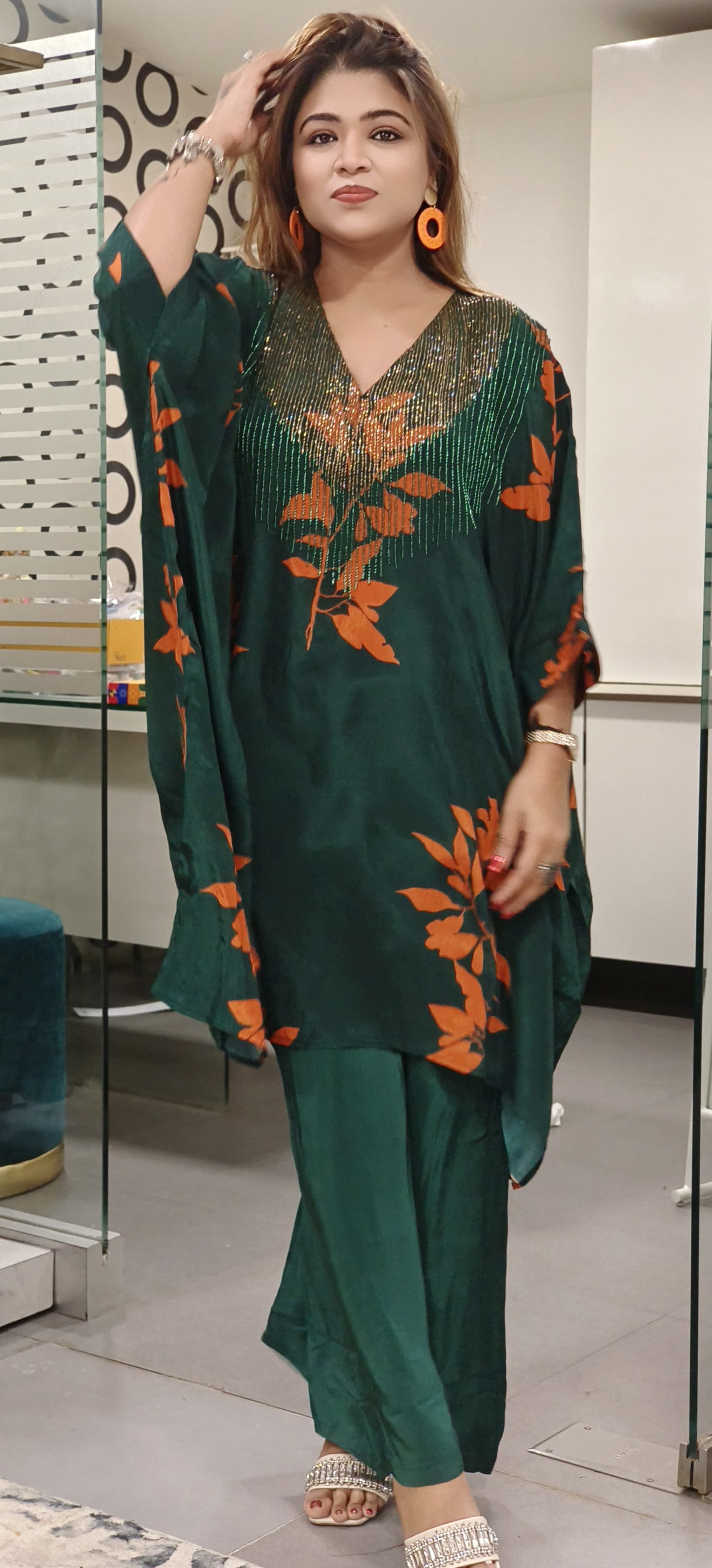 Floral Print Bottle Green Cut Dana Embroidered Pure Crepe Oversized Kaftan with Bottom-08589