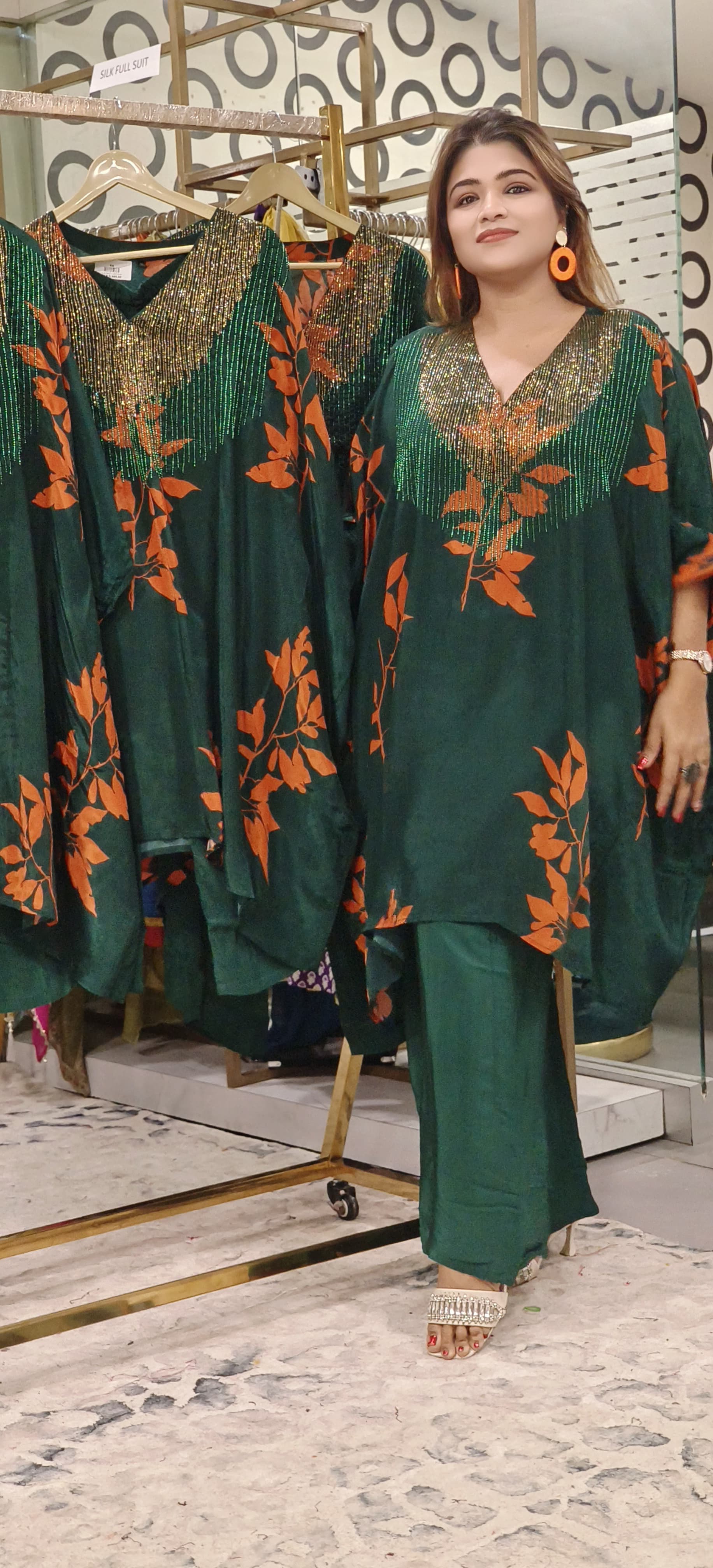 Floral Print Bottle Green Cut Dana Embroidered Pure Crepe Oversized Kaftan with Bottom-08589