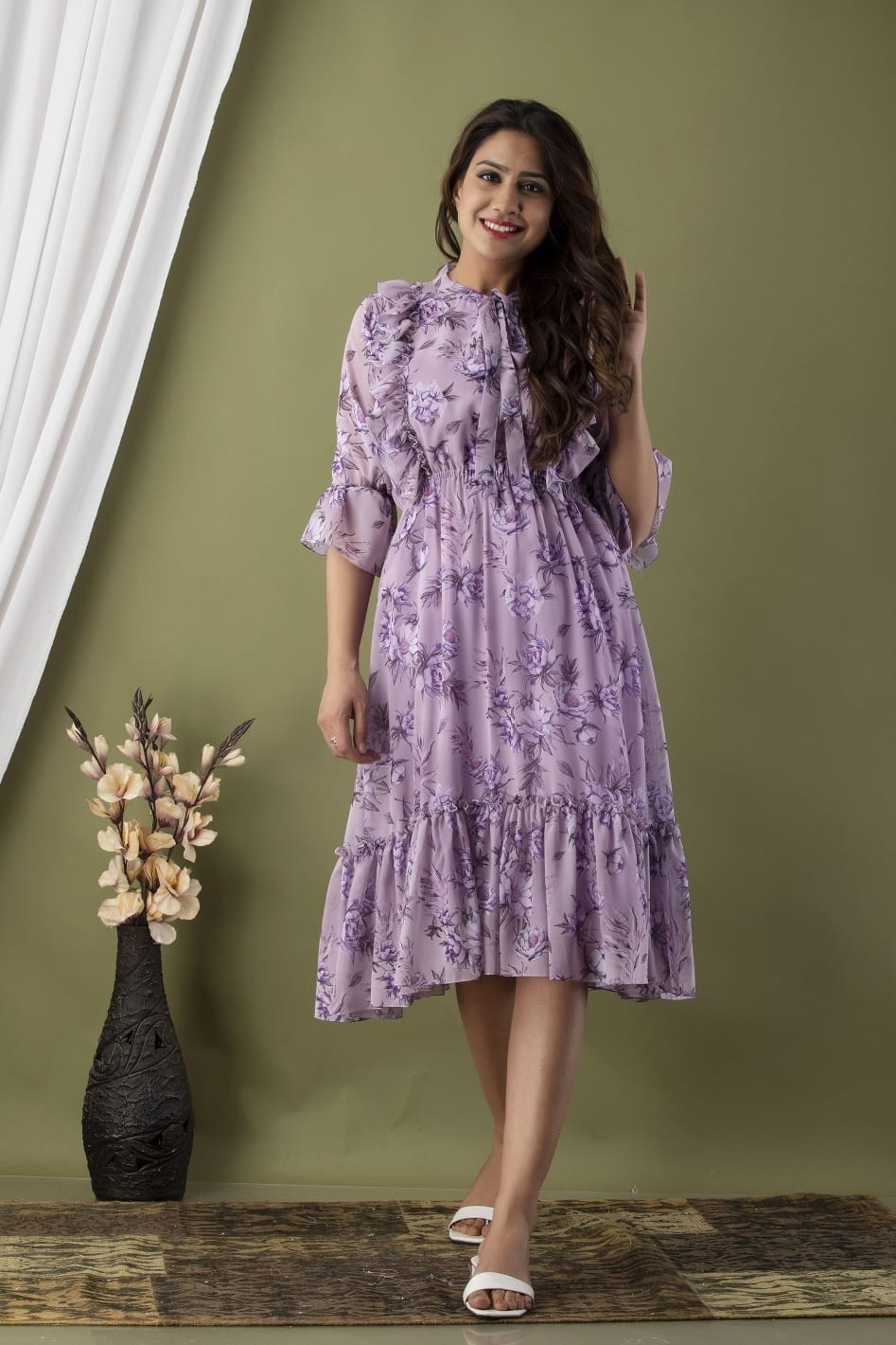 Soft Lavender Semi-Georgette Floral Print Frock – Graceful Elegance in Every Detail-08675