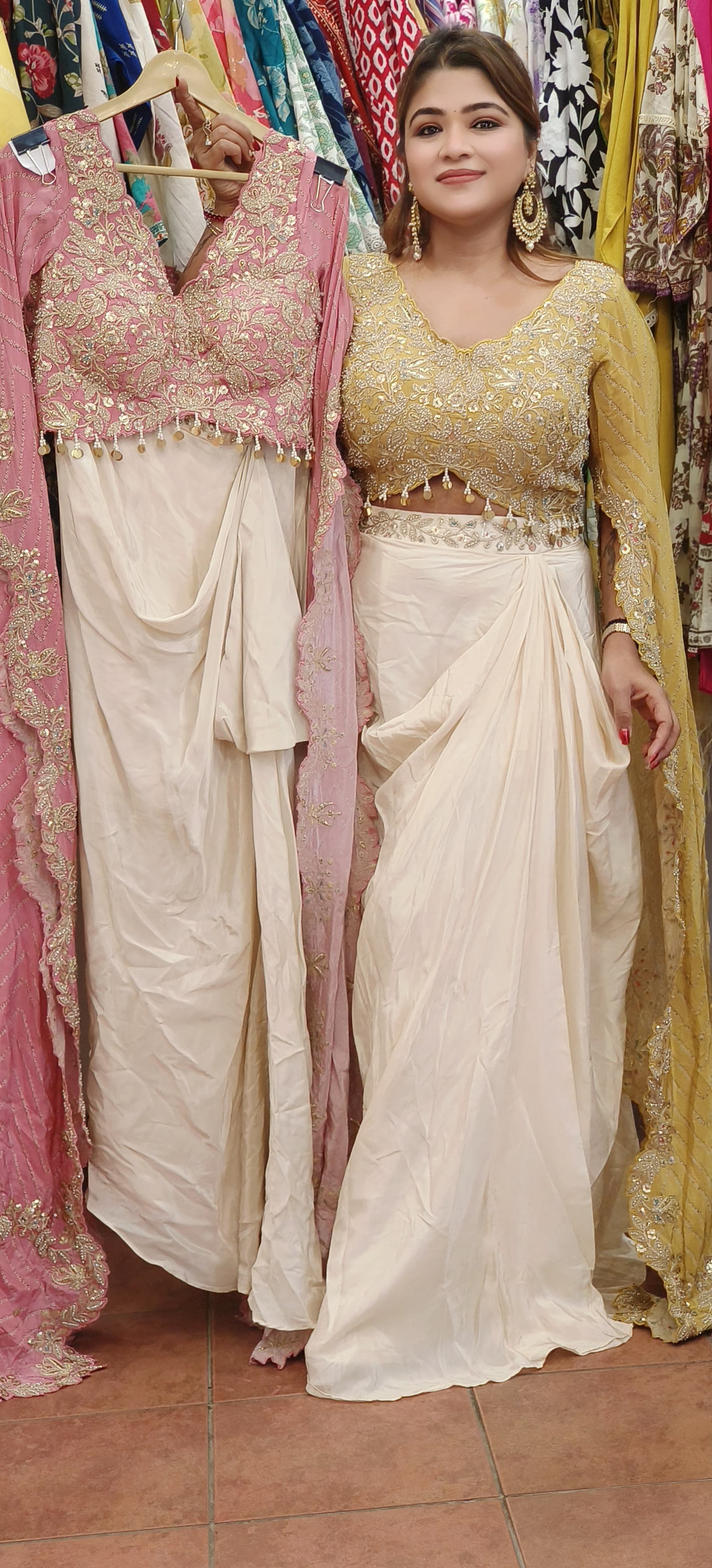 Exquisite Embroidered Party Wear Blouse with Long Stylish Sleeves and Drape-Style Skirt – A Showstopper Ensemble