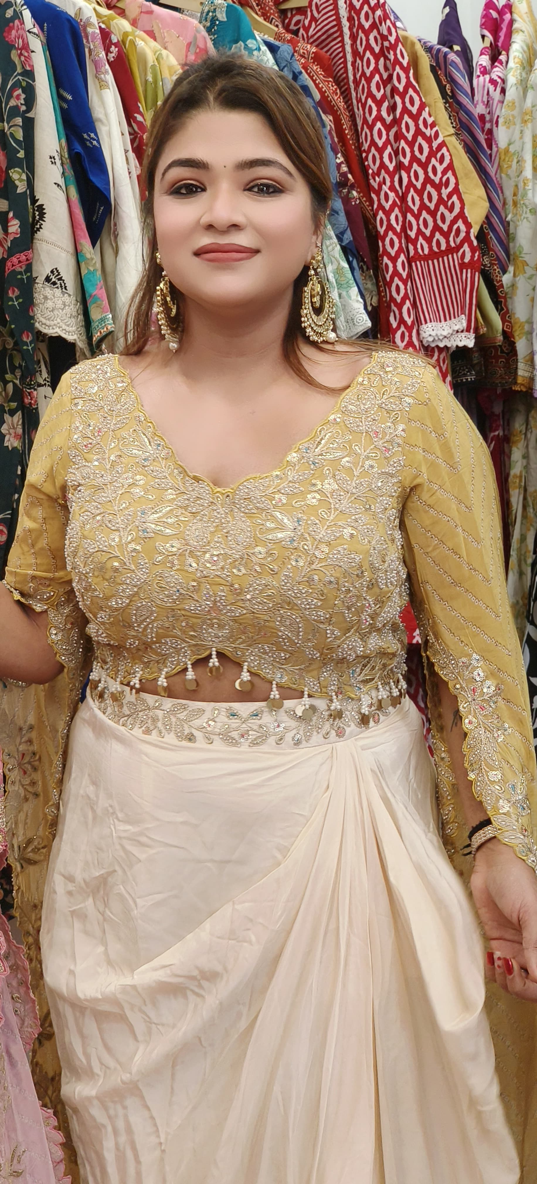 Exquisite Embroidered Party Wear Blouse with Long Stylish Sleeves and Drape-Style Skirt – A Showstopper Ensemble