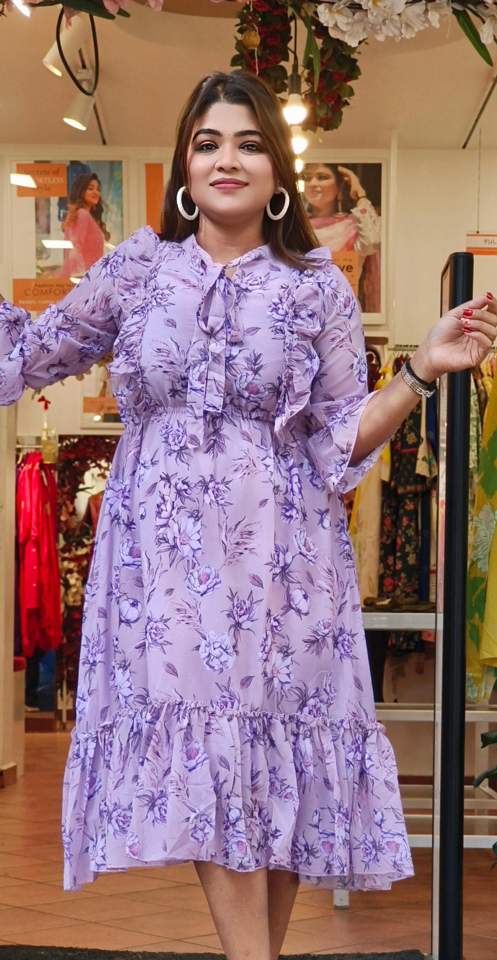 Soft Lavender Semi-Georgette Floral Print Frock – Graceful Elegance in Every Detail-08675