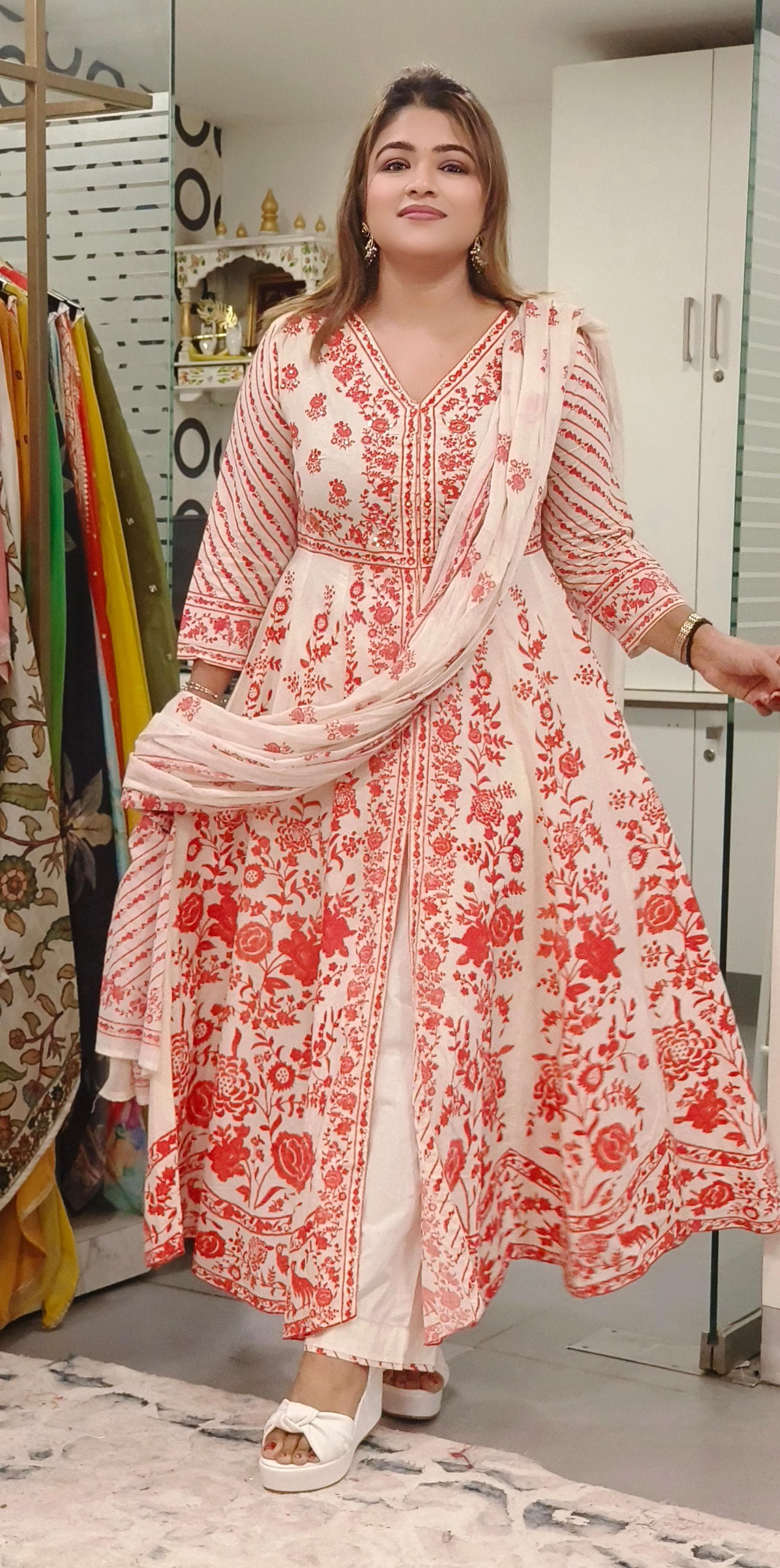 Graceful Cotton Printed Anarkali with Subtle Tara Detailing and Matching Cotton Dupatta-08631