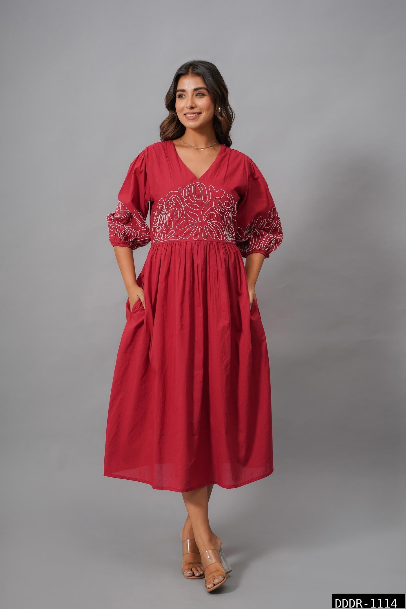 Elegant Maroon Midi Dress with Embroidered Detailing and Puff Sleeves