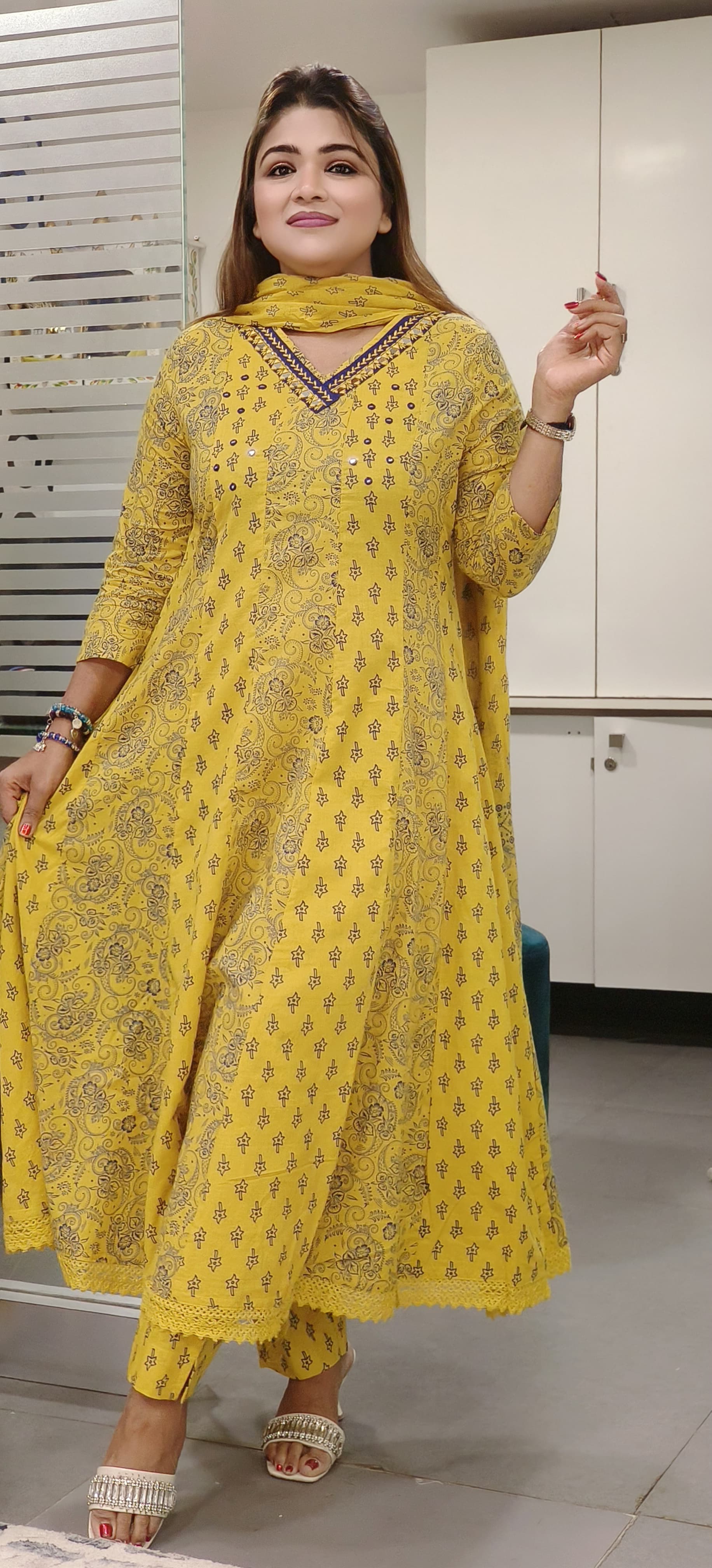 Beautiful Cotton Yellow and Blue Printed Anarkali Suit Set with Matching Dupatta – A Perfect Blend of Elegance and Comfort-08708