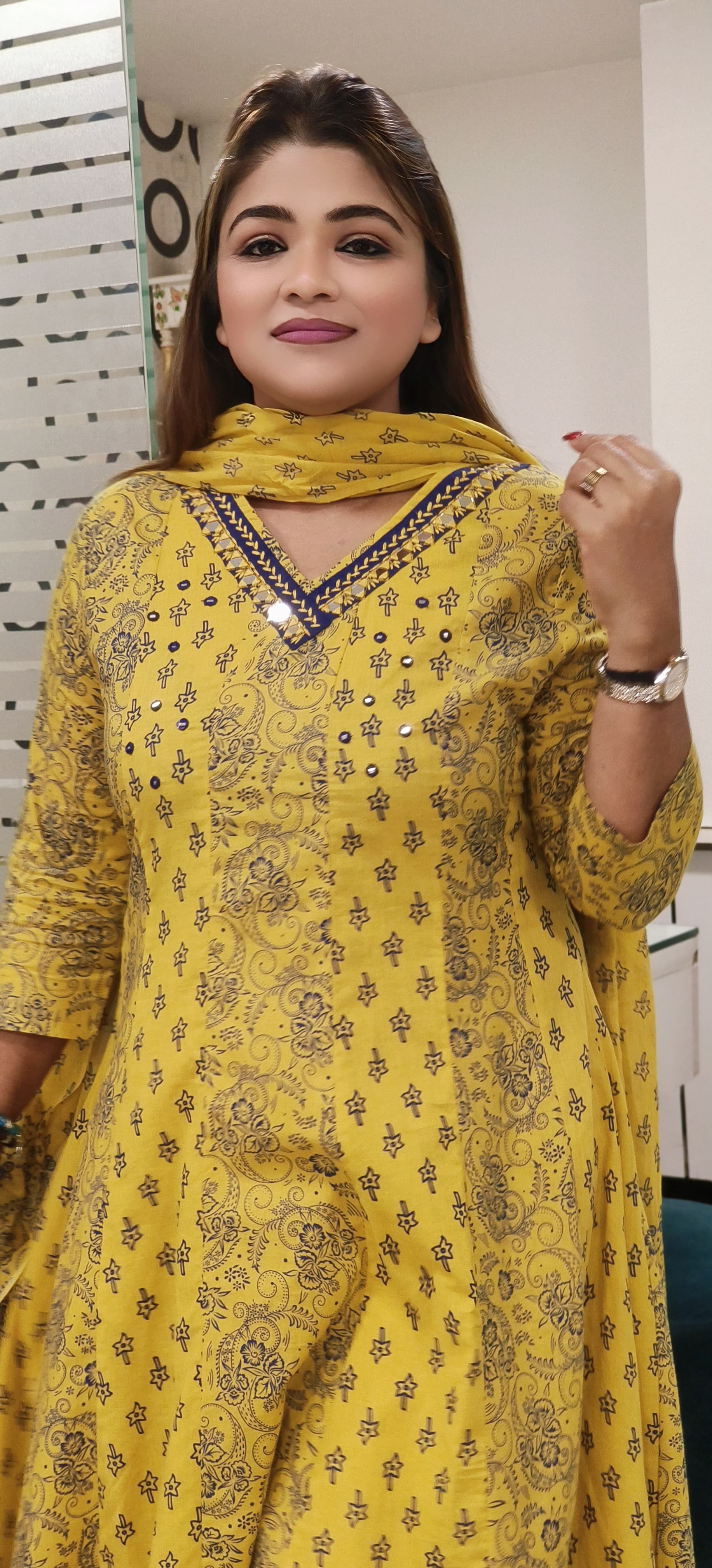 Beautiful Cotton Yellow and Blue Printed Anarkali Suit Set with Matching Dupatta – A Perfect Blend of Elegance and Comfort-08708