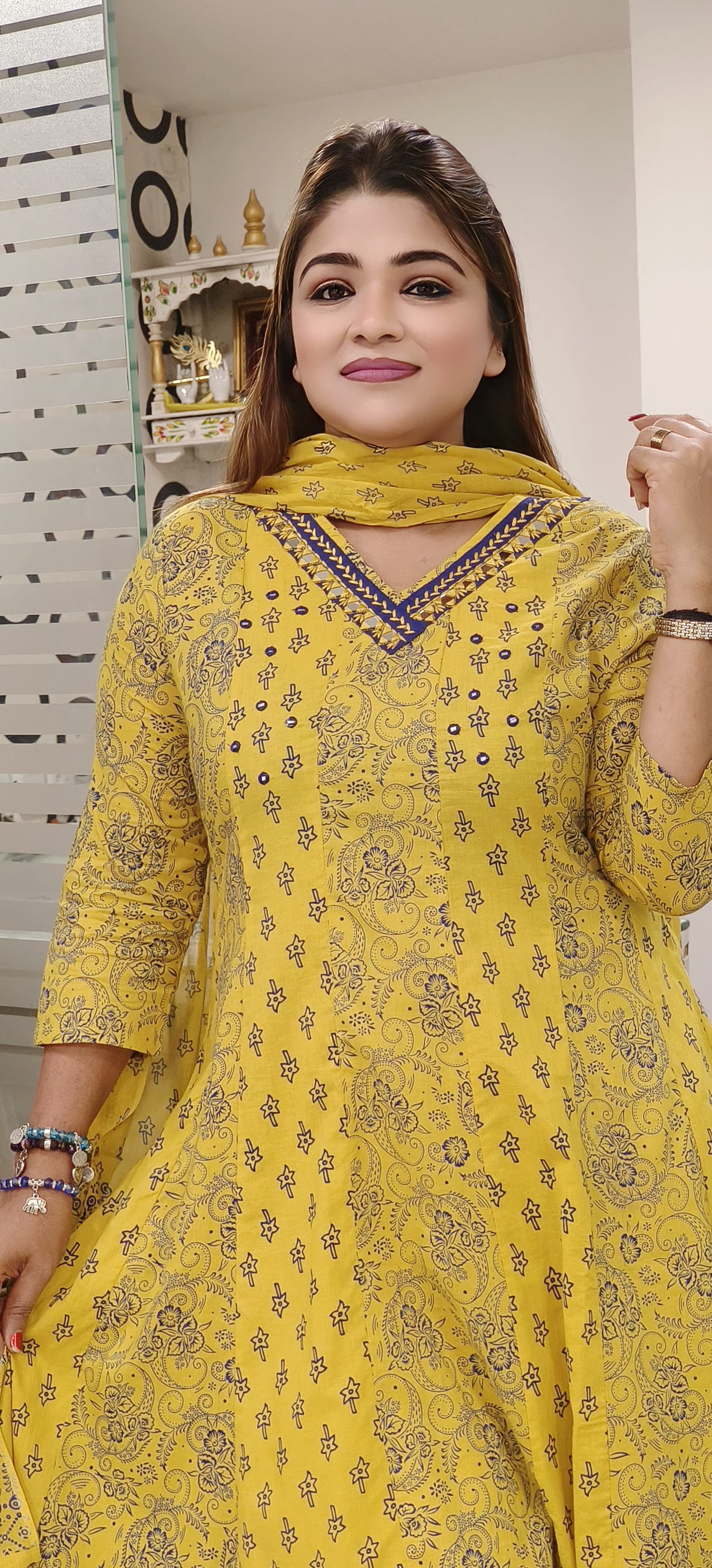 Beautiful Cotton Yellow and Blue Printed Anarkali Suit Set with Matching Dupatta – A Perfect Blend of Elegance and Comfort-08708