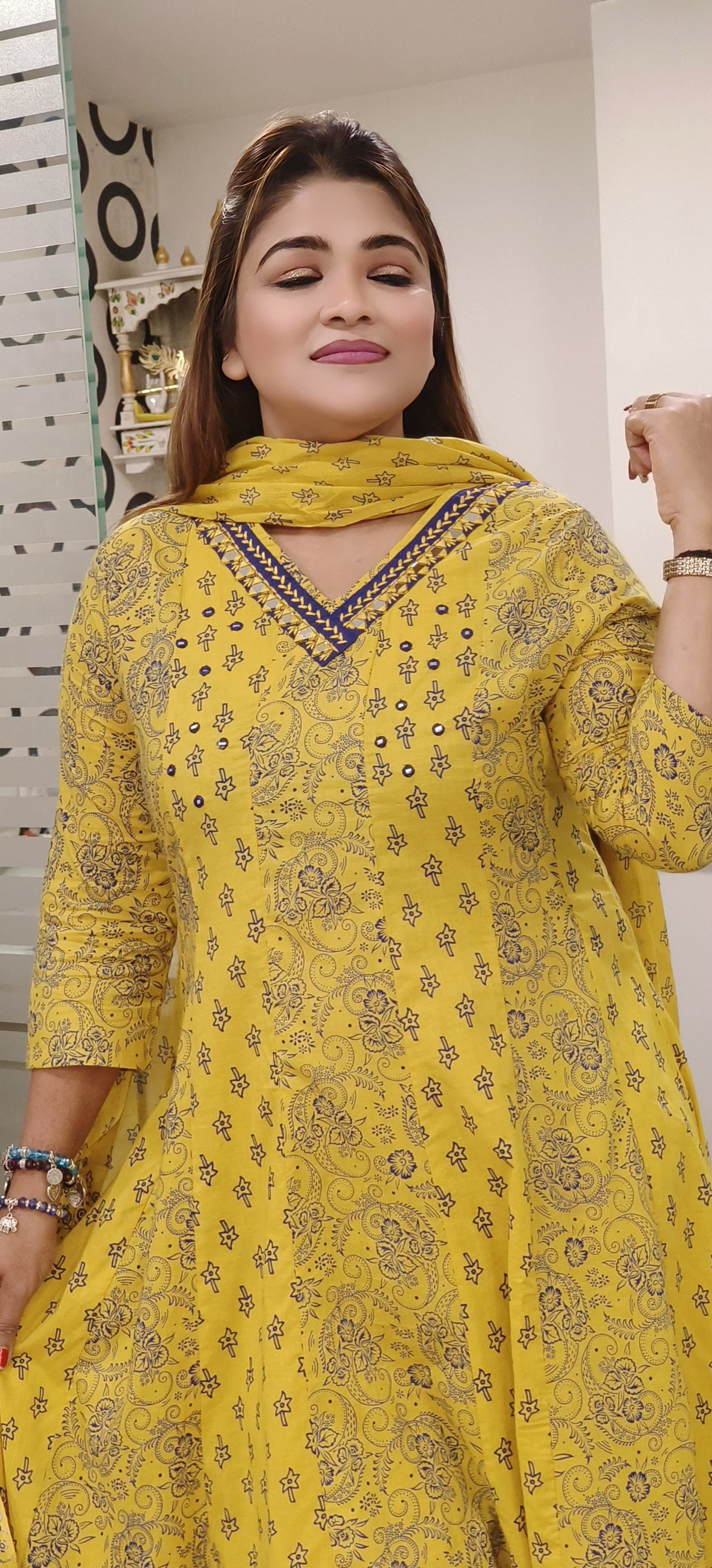 Beautiful Cotton Yellow and Blue Printed Anarkali Suit Set with Matching Dupatta – A Perfect Blend of Elegance and Comfort-08708