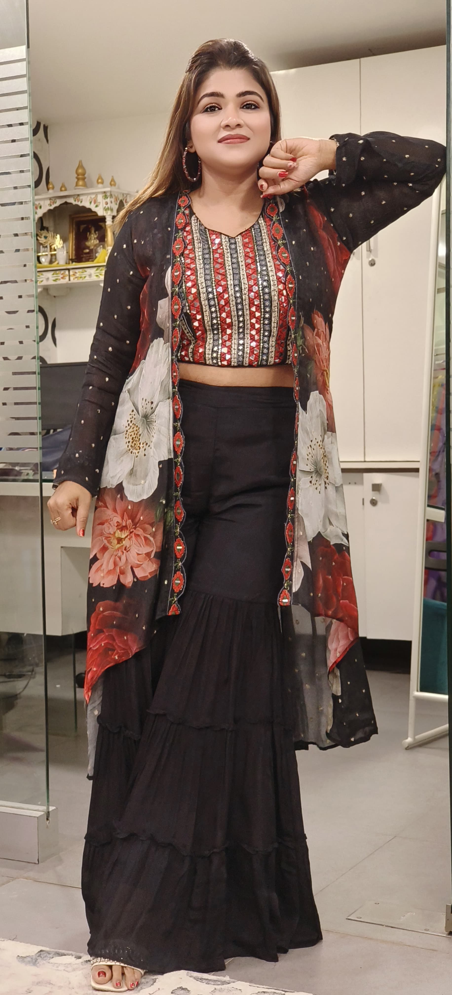 Stylish 3-Piece Floral chinon with foil mirror embroidered Indo-Western Set with Embroidered Crop Top, Dhoti Pants, and Shrug – A Perfect Fusion of Tradition and Trend