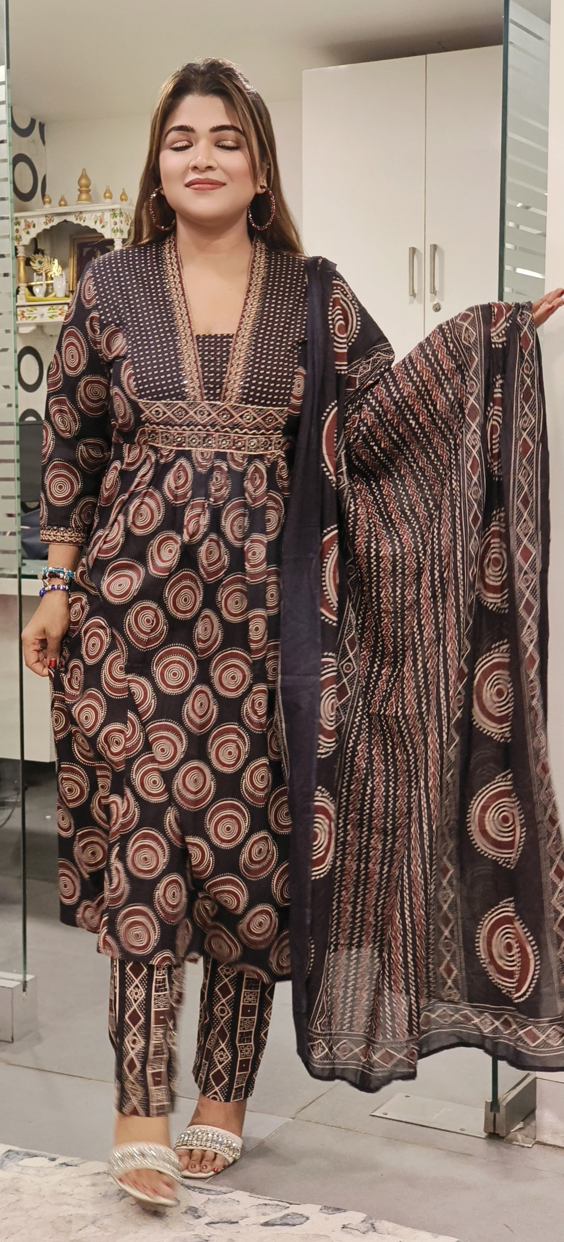 Elegant Pure Cotton Printed A-Line Kurta with V-Neckline, Coordinated Pants, and Dupatta – Perfect for Effortless Grace