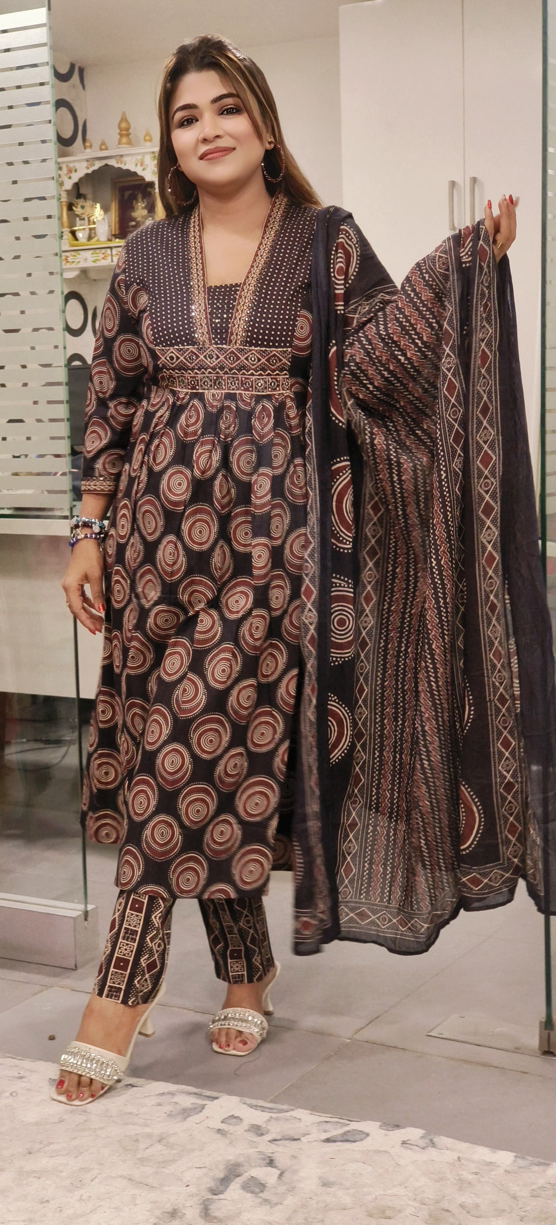 Elegant Pure Cotton Printed A-Line Kurta with V-Neckline, Coordinated Pants, and Dupatta – Perfect for Effortless Grace