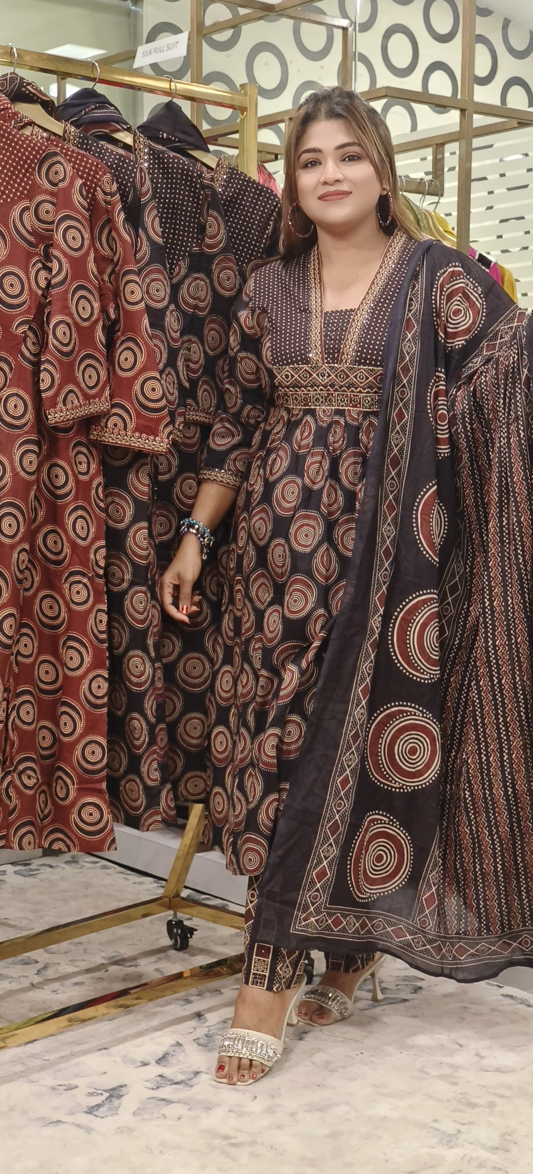 Elegant Pure Cotton Printed A-Line Kurta with V-Neckline, Coordinated Pants, and Dupatta – Perfect for Effortless Grace