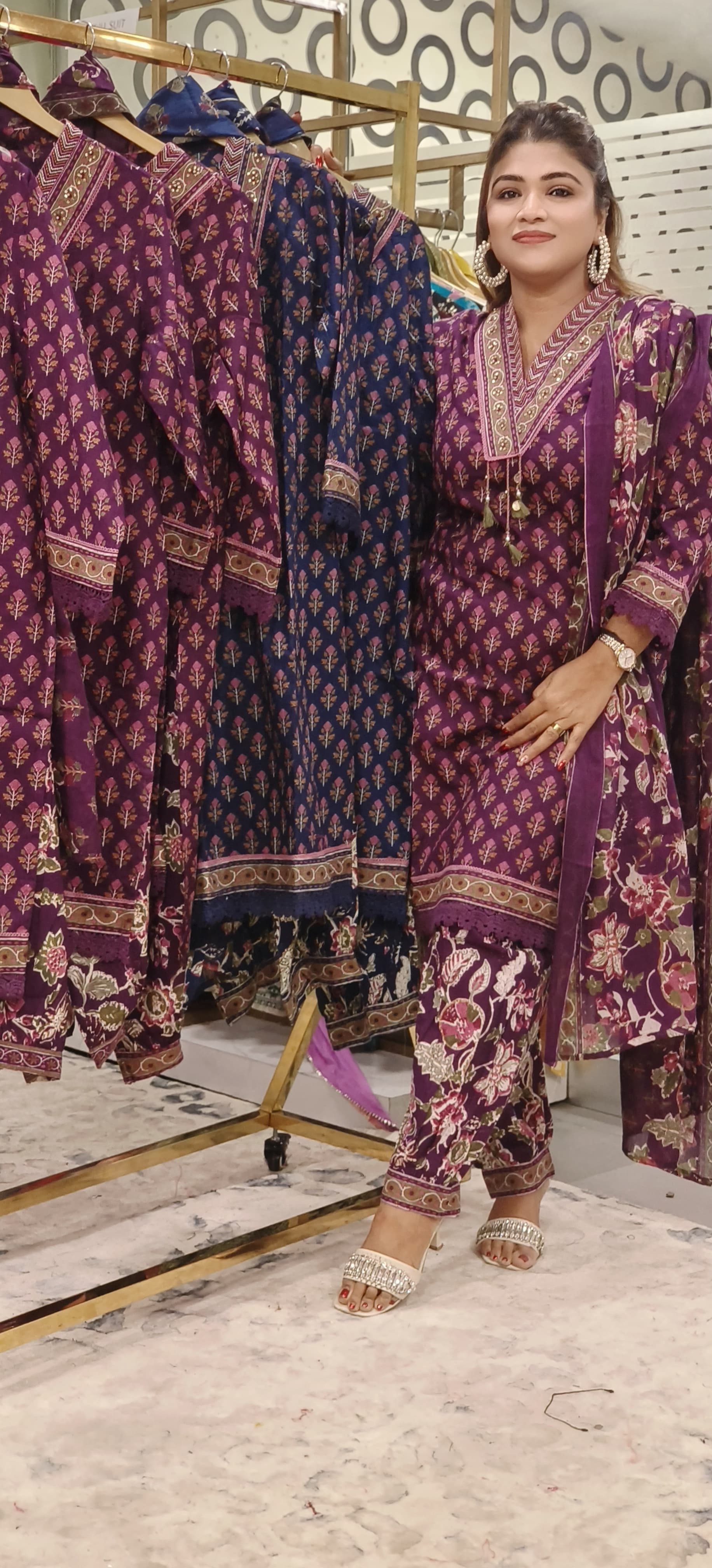 Stylish Pure Cotton Printed Kurta with Embellished V-Neckline, Balloon Pants, and Coordinated Dupatta – A Perfect Blend of Elegance and Comfort