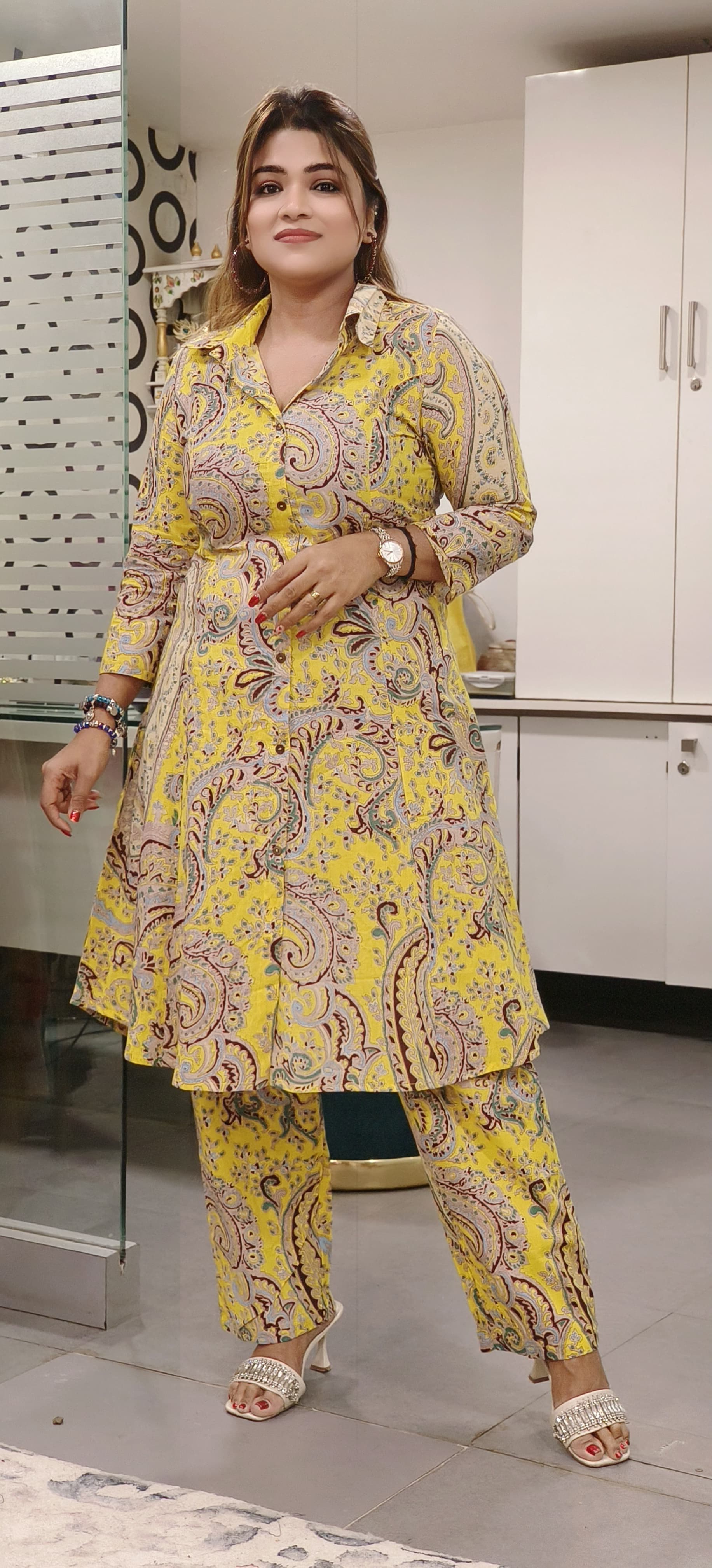 Vibrant Yellow Multicolor Collared A-Line Kurta with Matching Pants in Pure Cotton – A Perfect Blend of Style and Comfor