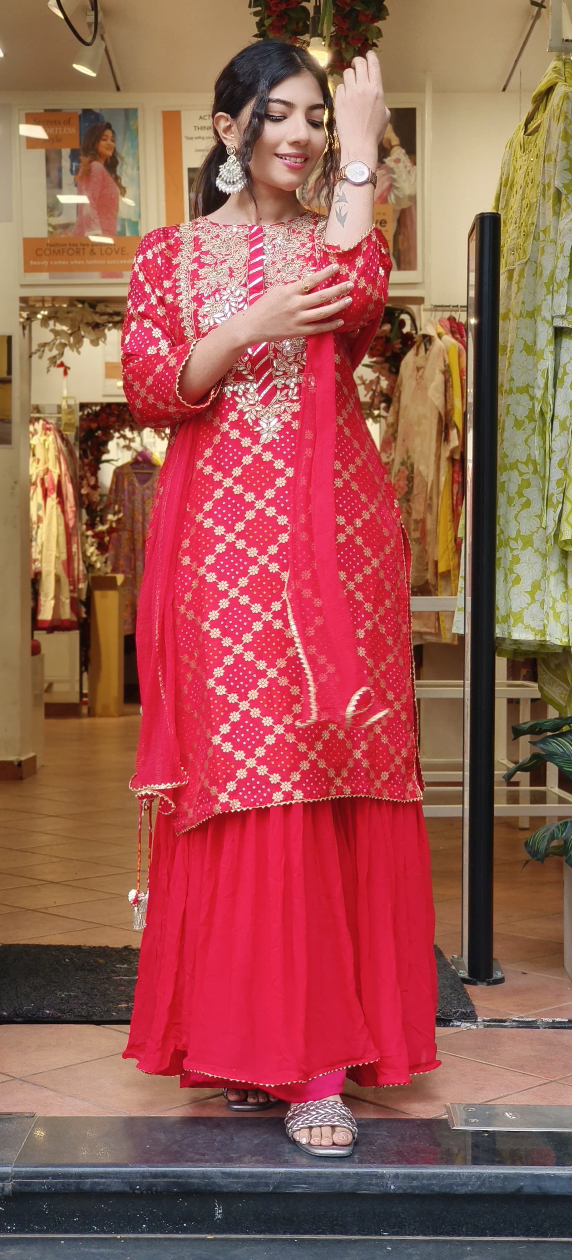 "Elegant Banarasi Silk Embroidered Kurta with Flared Sharara and Graceful Dupatta-08726-08725