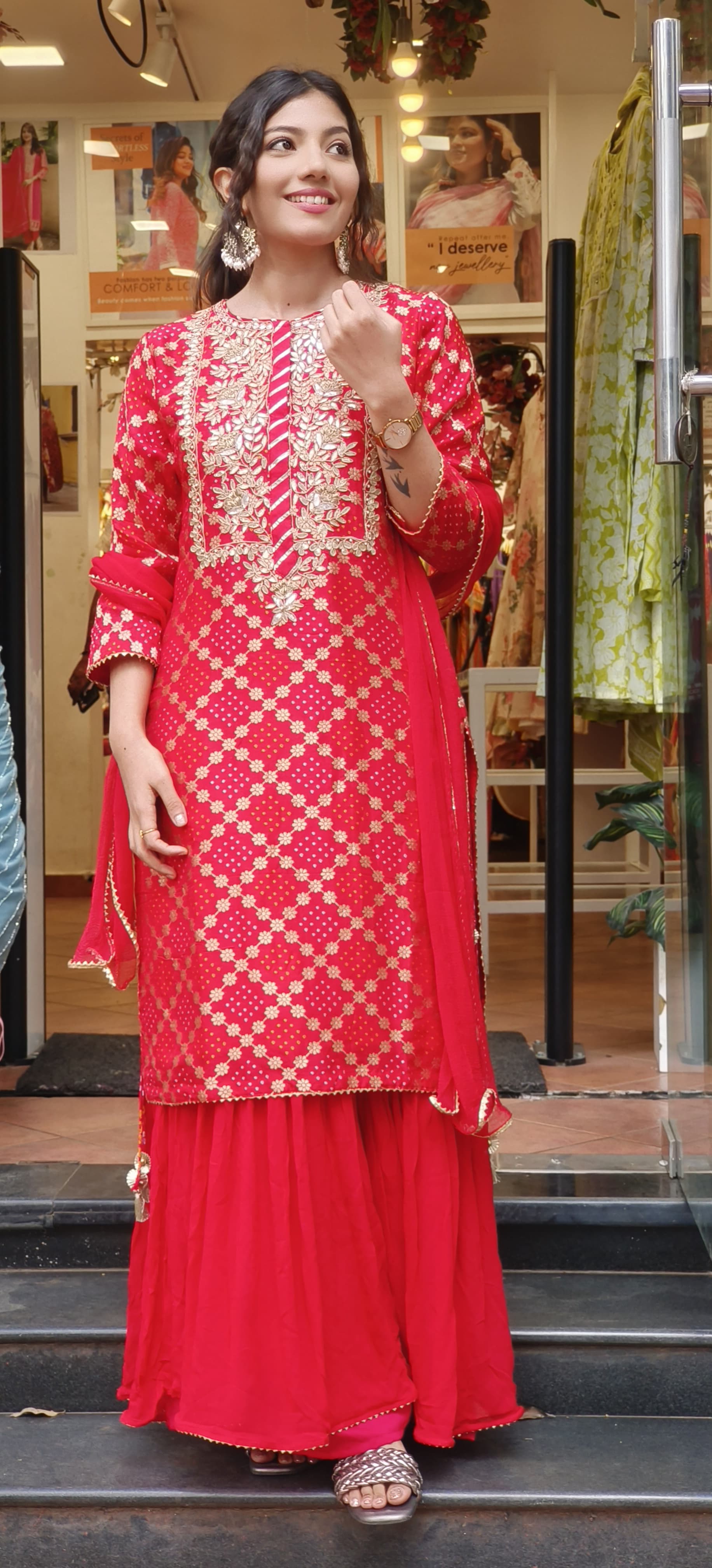 "Elegant Banarasi Silk Embroidered Kurta with Flared Sharara and Graceful Dupatta-08726-08725