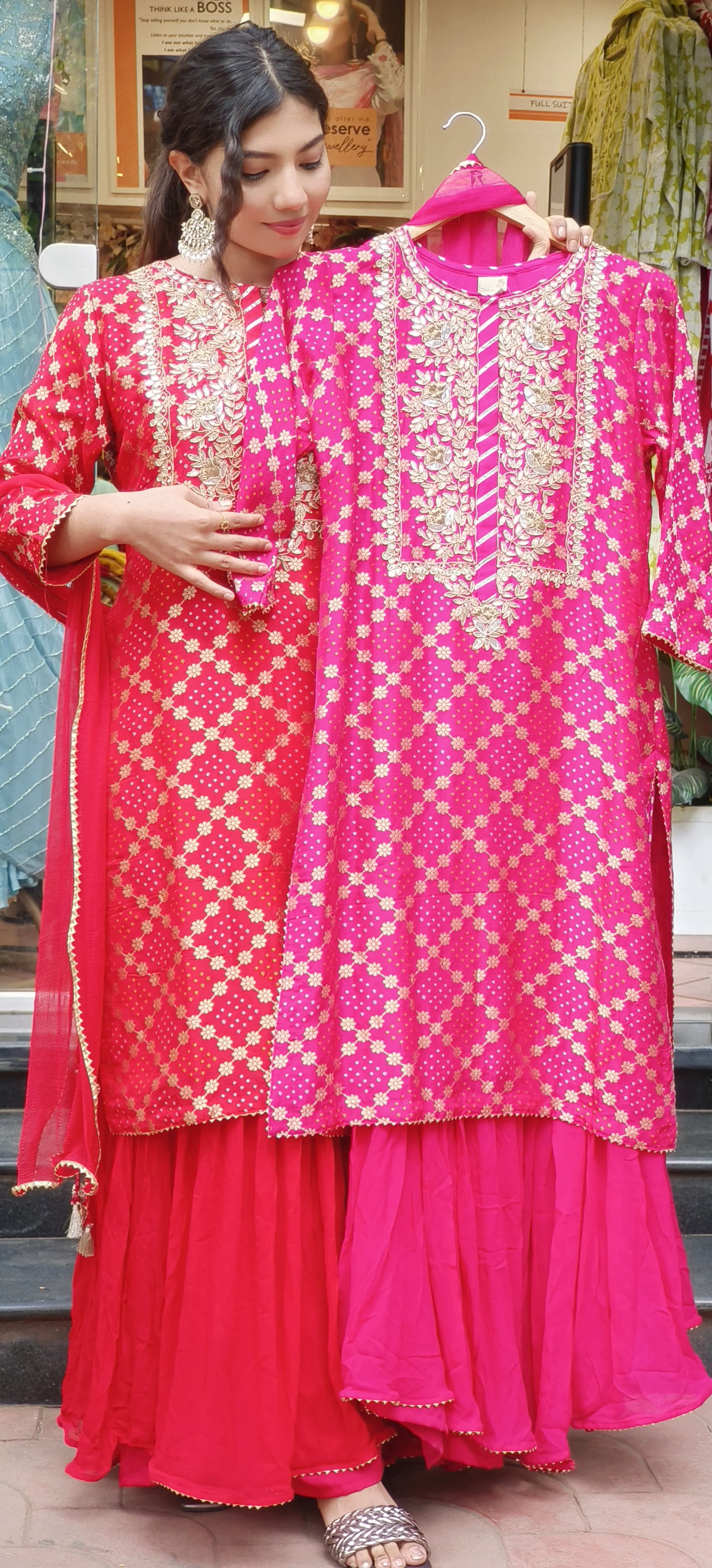 "Elegant Banarasi Silk Embroidered Kurta with Flared Sharara and Graceful Dupatta-08726-08725