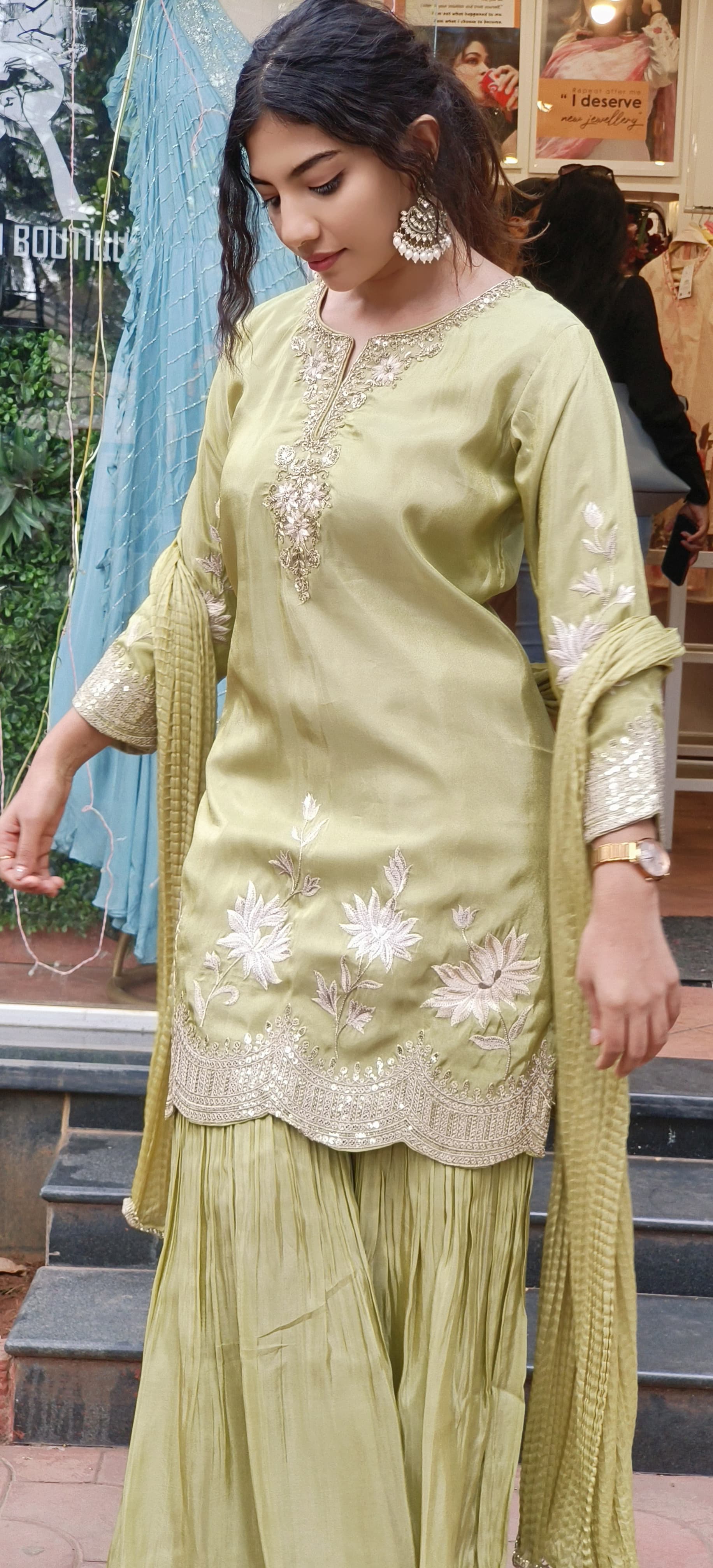 Elegant Green Shimmer Tissue Thread Embroidered Top with Flared Sharara and Crushed Dupatta