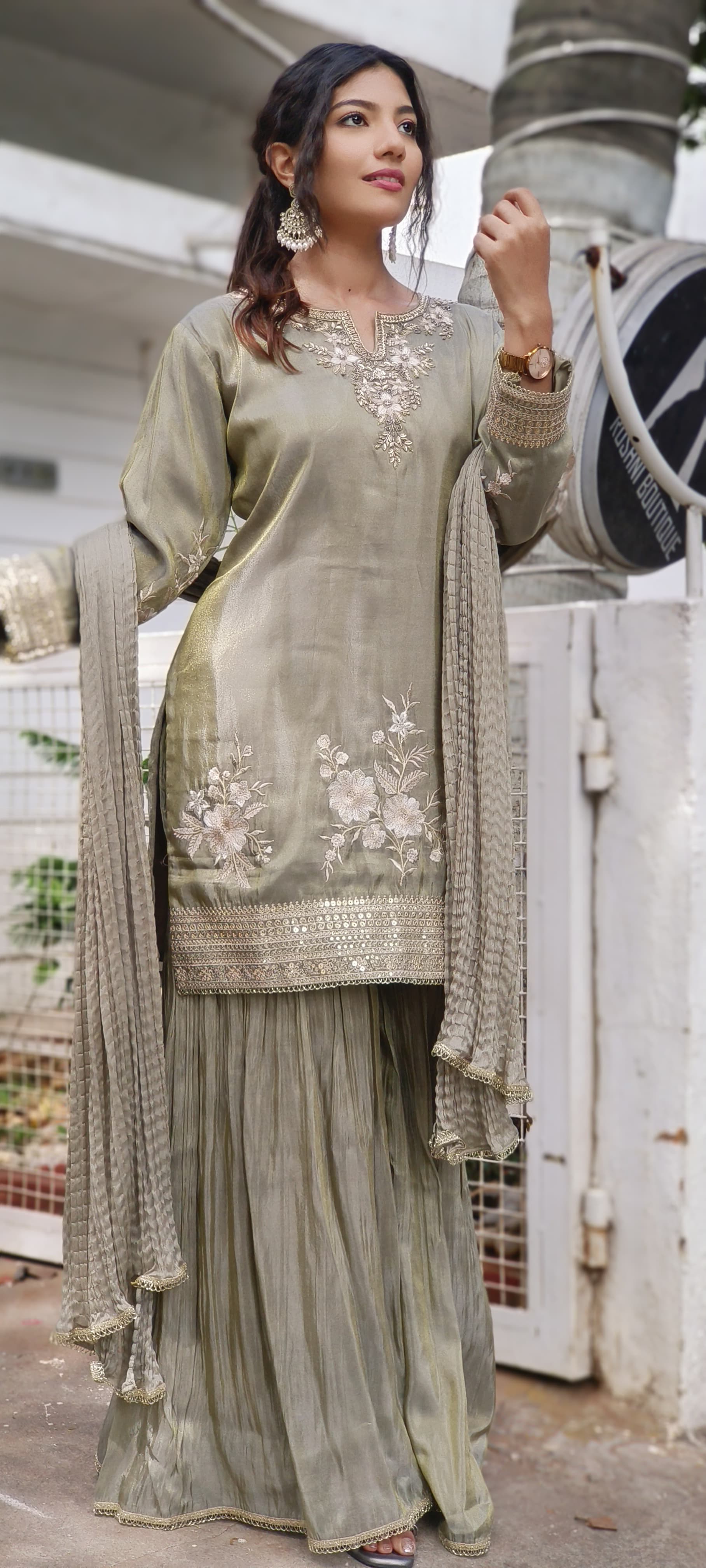 Stunning Green Shimmer Tissue Zardosi Embroidered Top with Flared Sharara and Dupatta