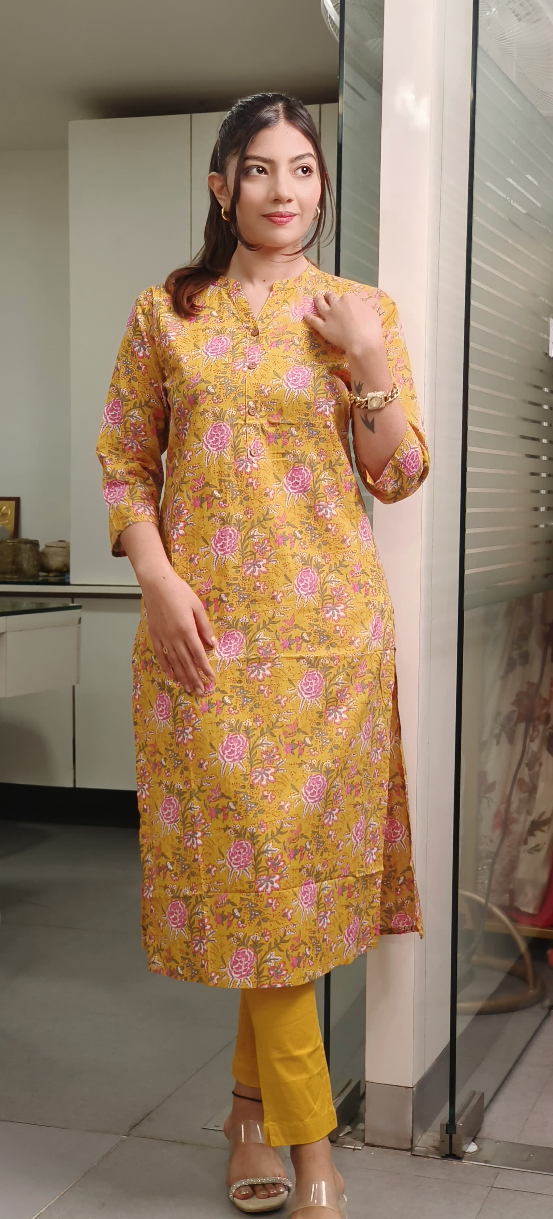 Summer Chic Mandarin Collar Floral Print Pure Cotton Kurti for Everyday Elegance-08749