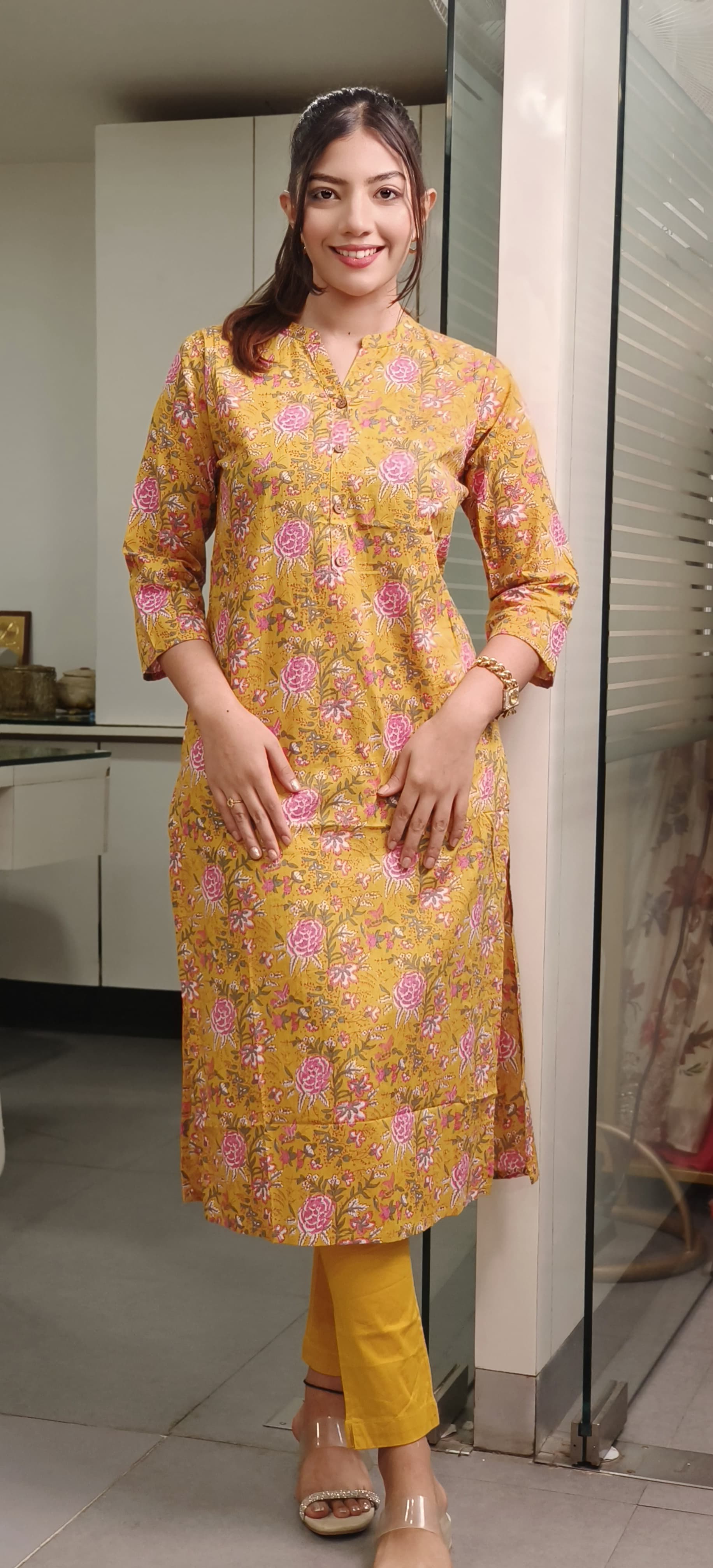 Summer Chic Mandarin Collar Floral Print Pure Cotton Kurti for Everyday Elegance-08749