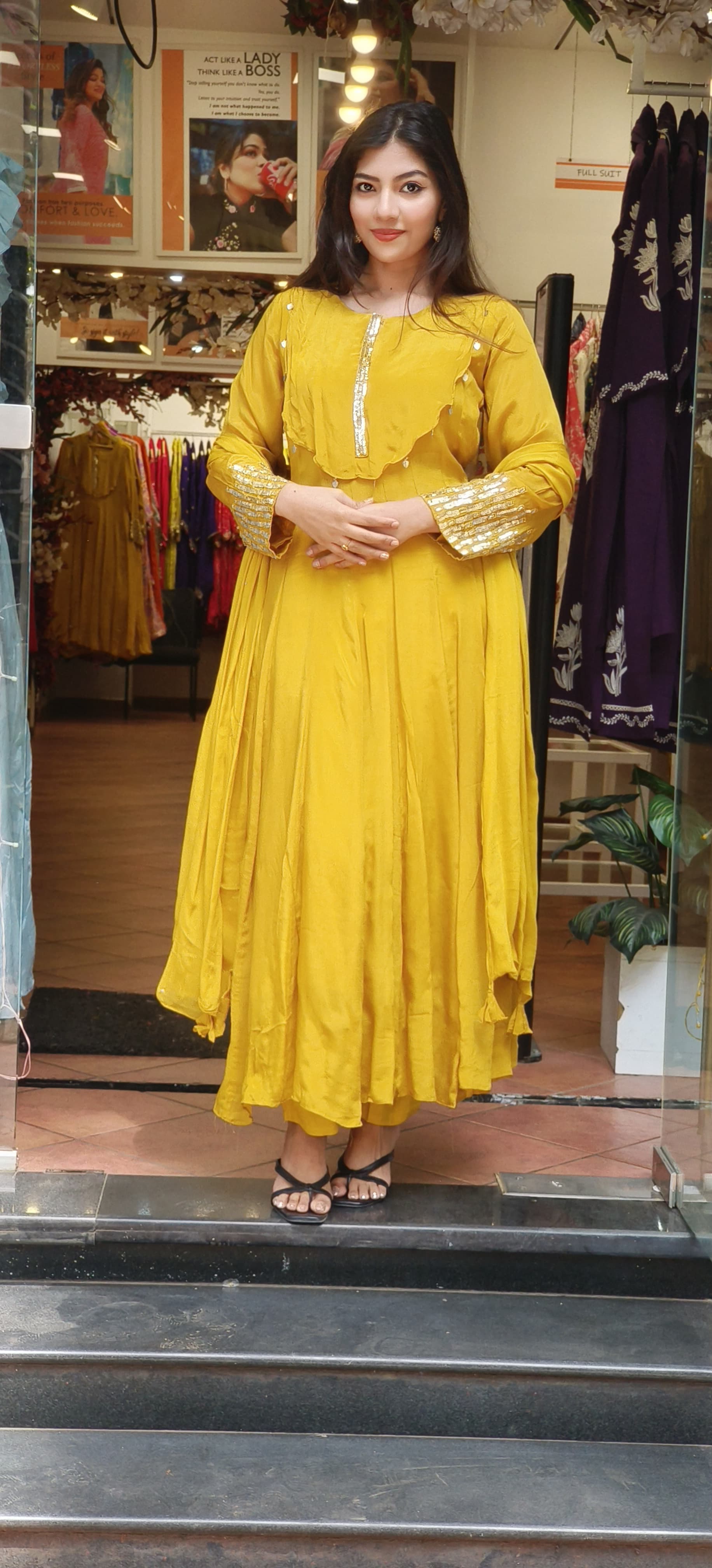 Graceful Chinon Anarkali Party Wear Set with Intricate Neck and Sleeve Embroidery-08757