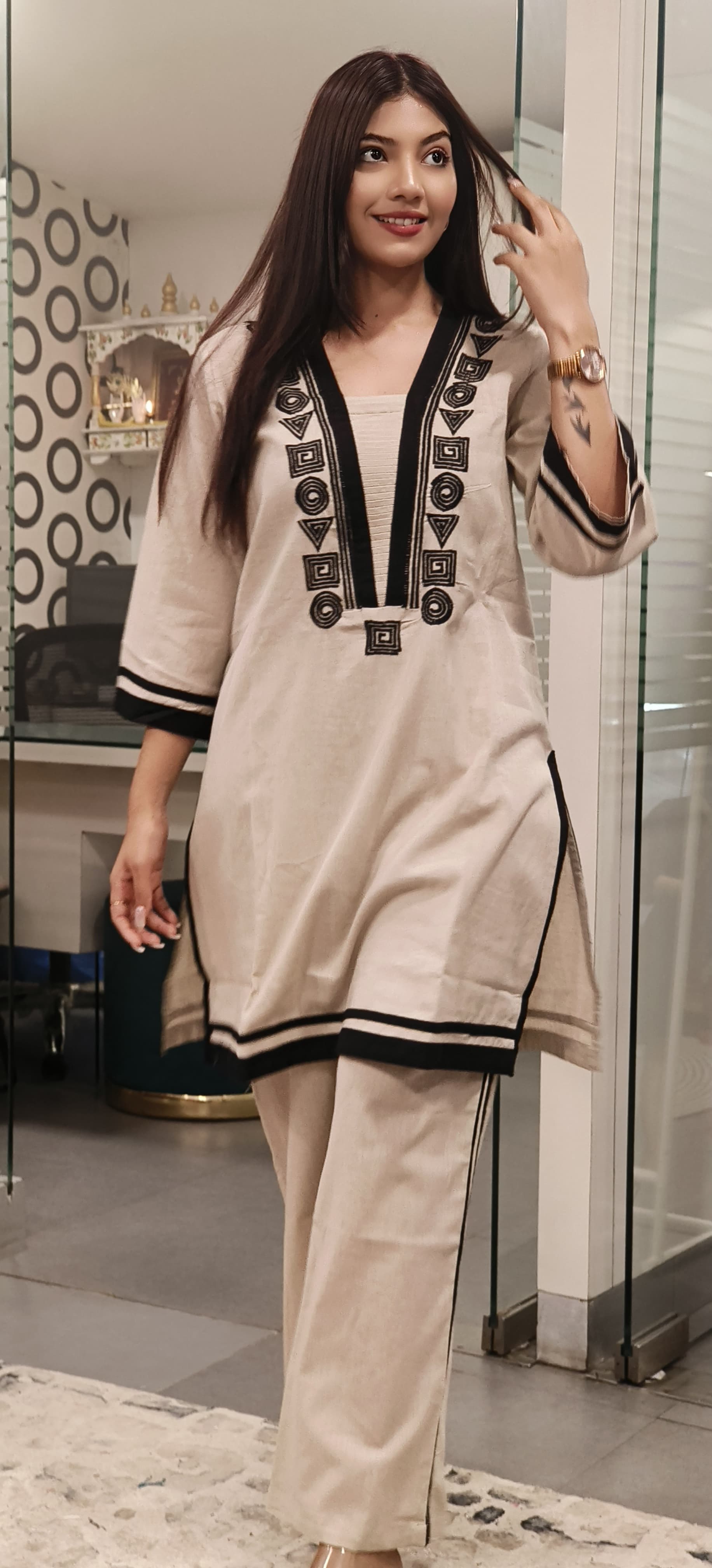 Elegant Beige Flex Cotton Kurta Set with Black Embroidery