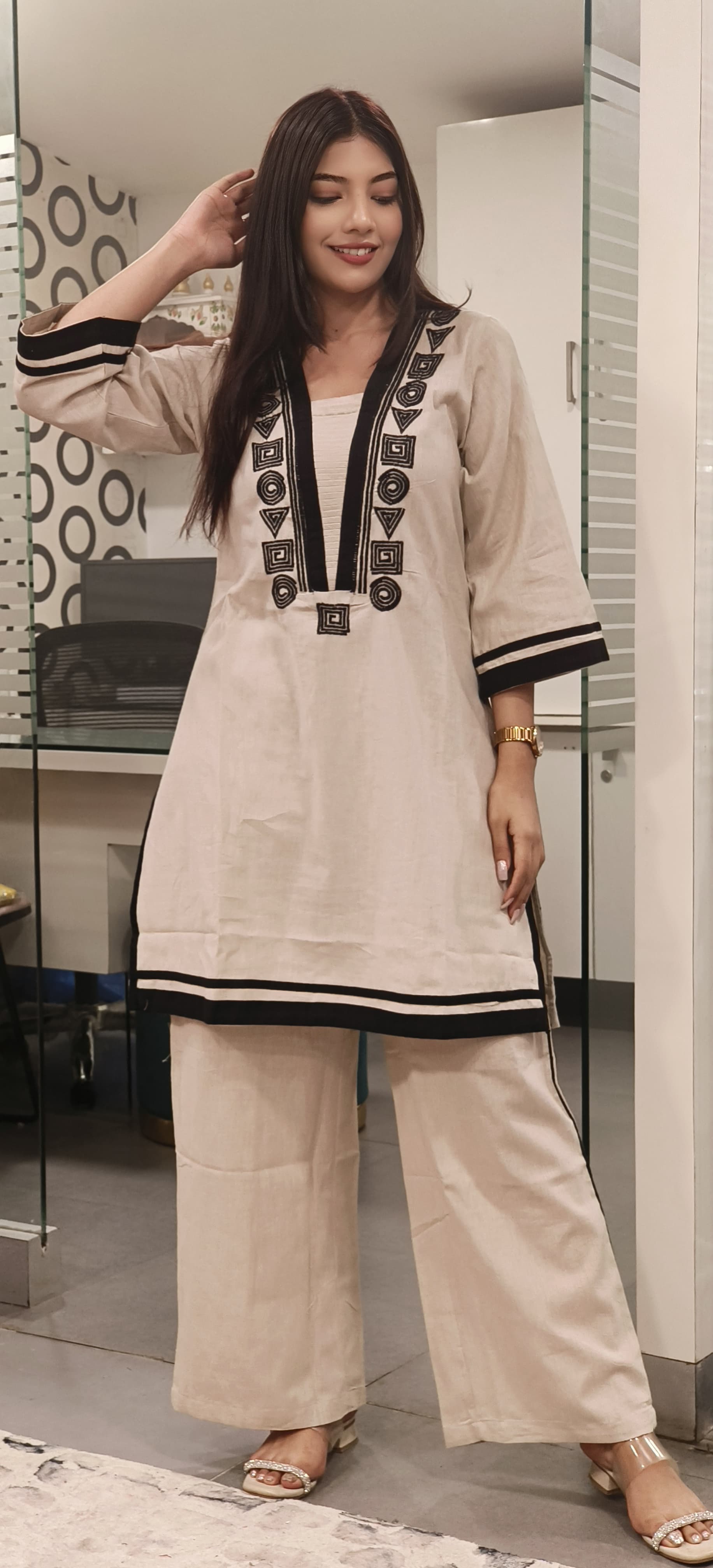 Elegant Beige Flex Cotton Kurta Set with Black Embroidery