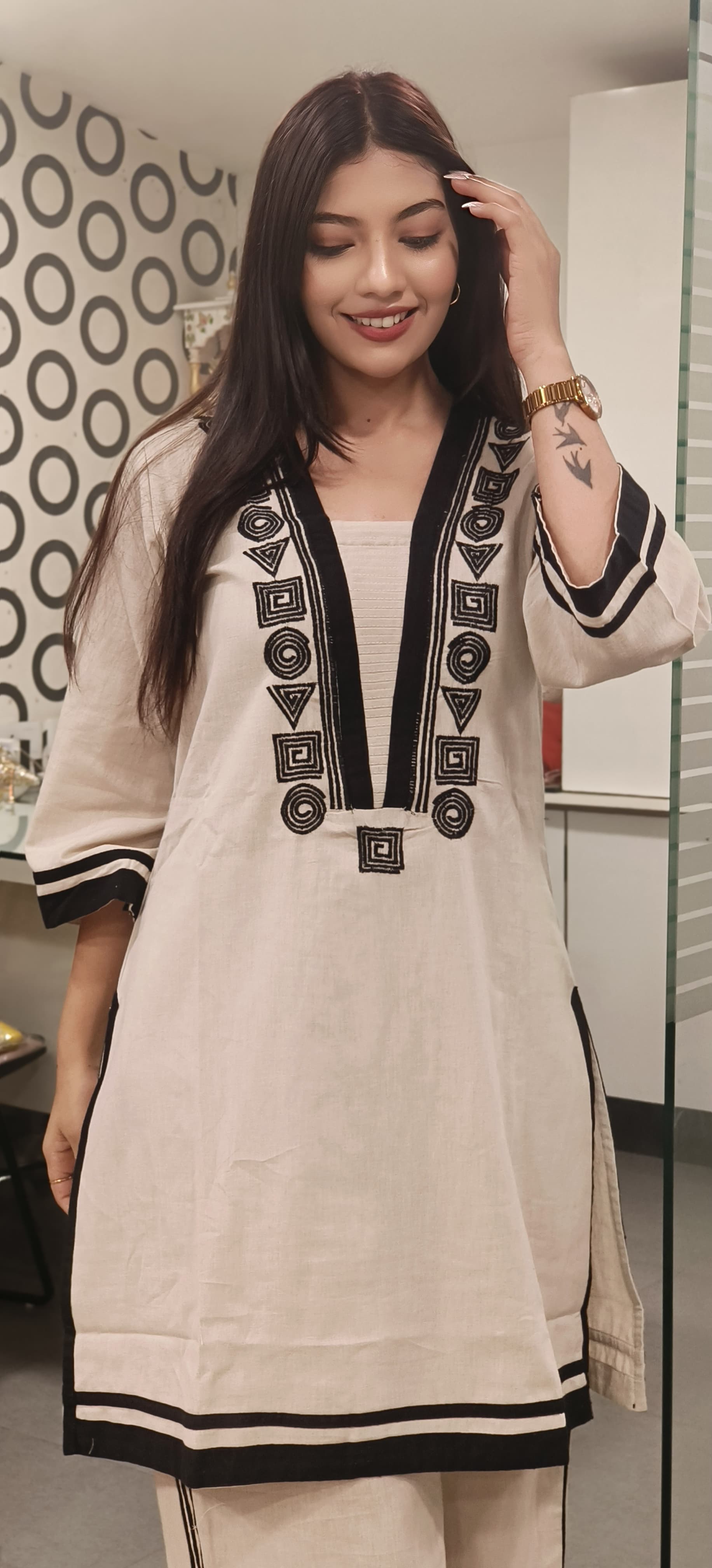 Elegant Beige Flex Cotton Kurta Set with Black Embroidery