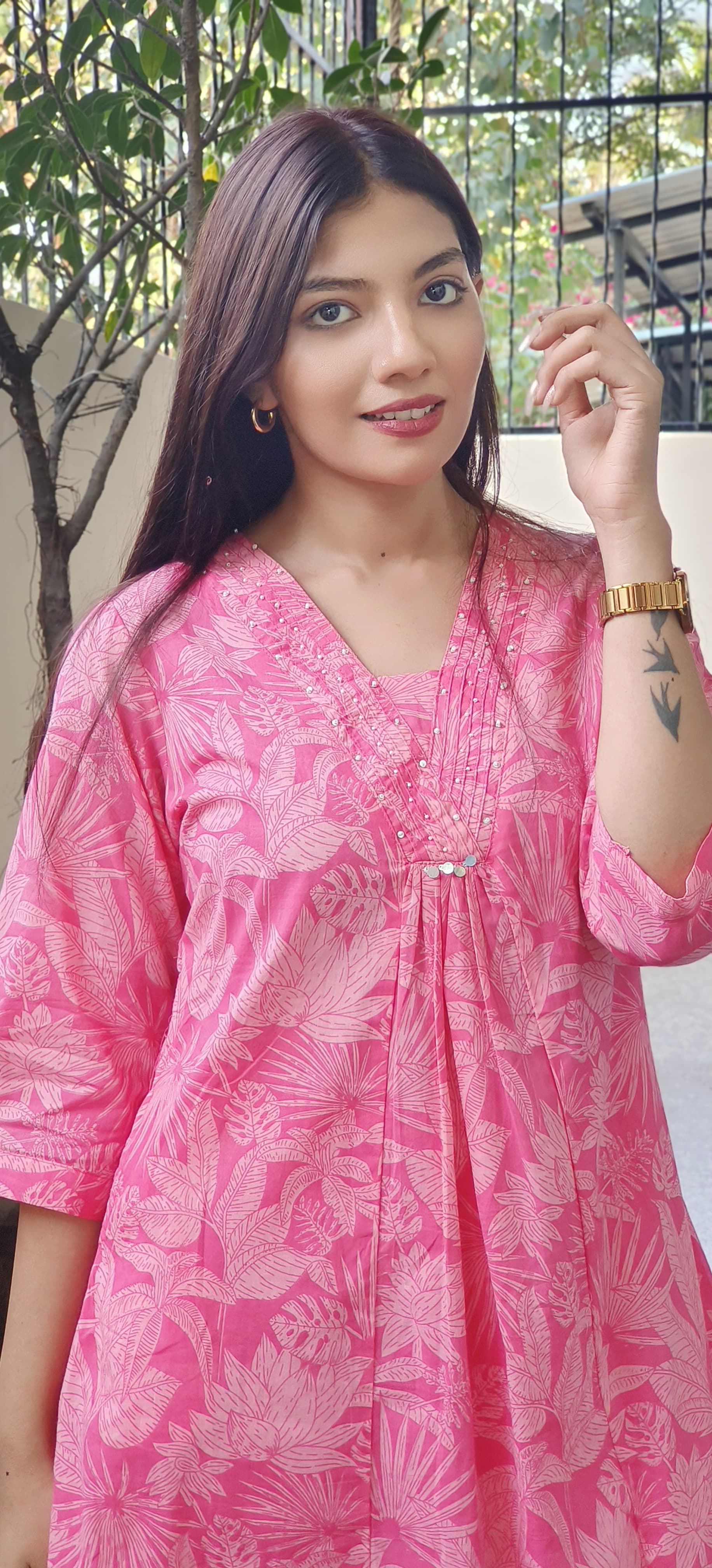 V-Neck Breathable Printed Cotton Kurta and Pant Set for Warm Weather-08508