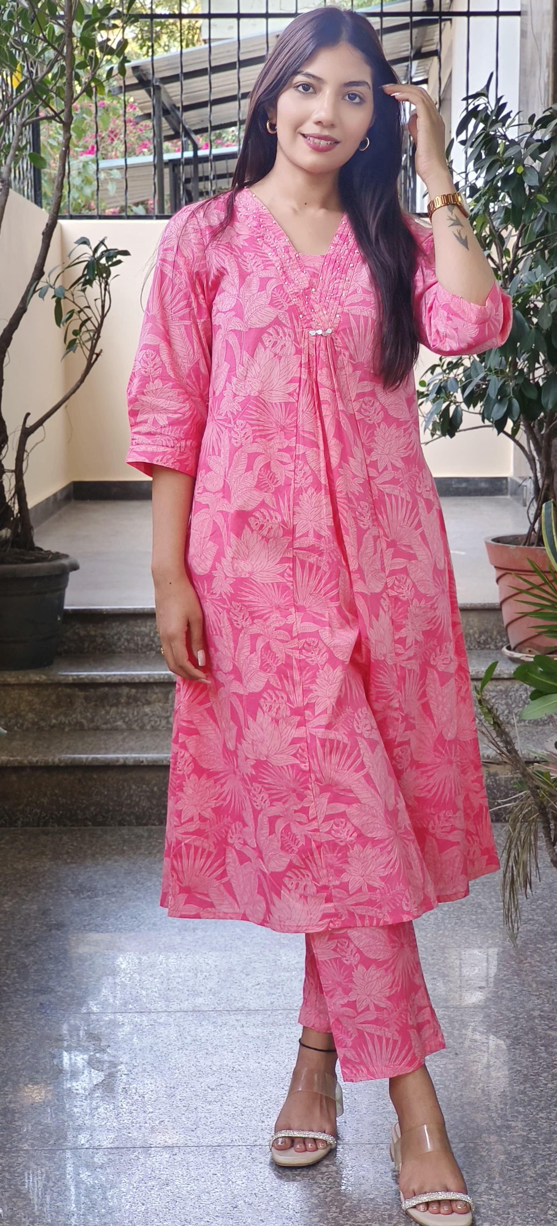 V-Neck Breathable Printed Cotton Kurta and Pant Set for Warm Weather-08508