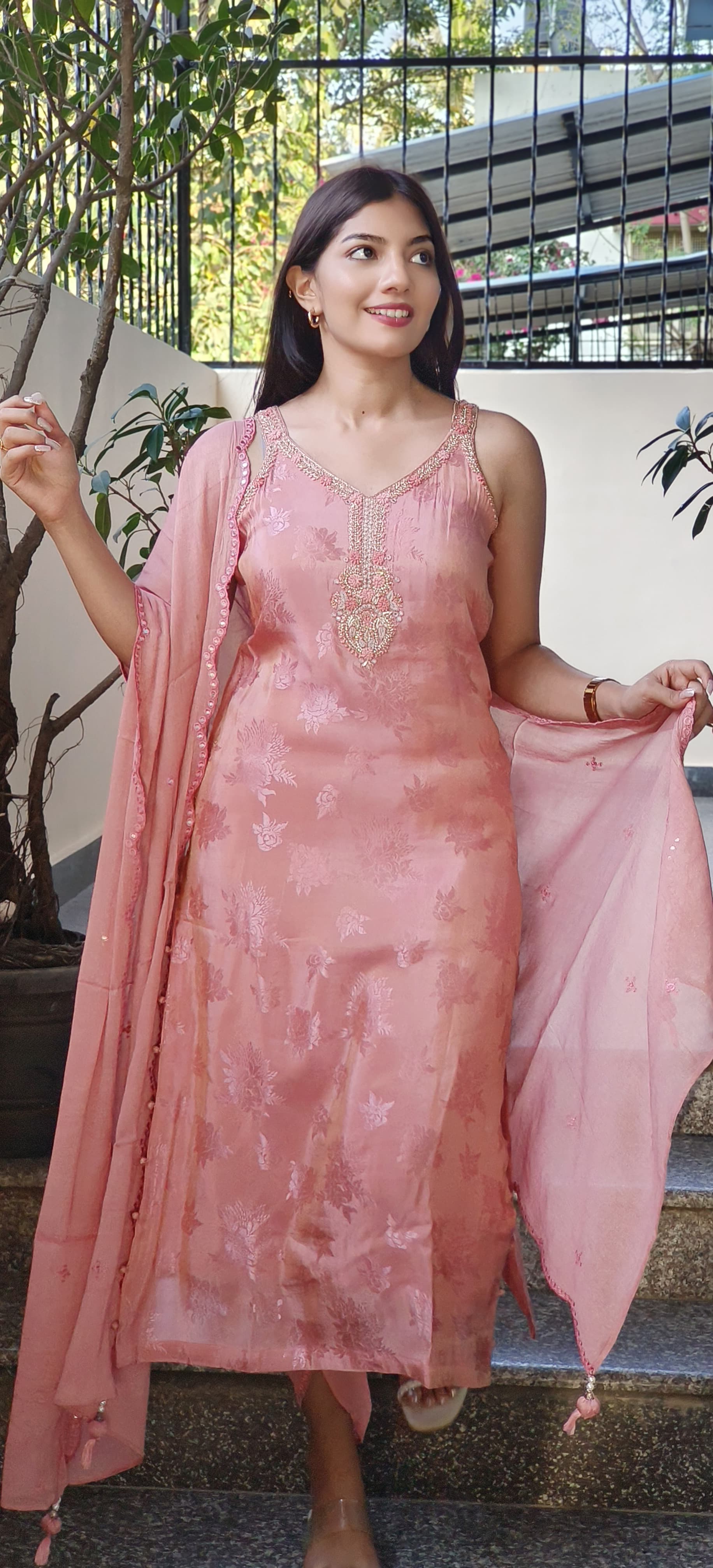 Radiant Tissue Zardosi Embroidered Neckline With Tulip Pant And Dupatta and seprate Slevees