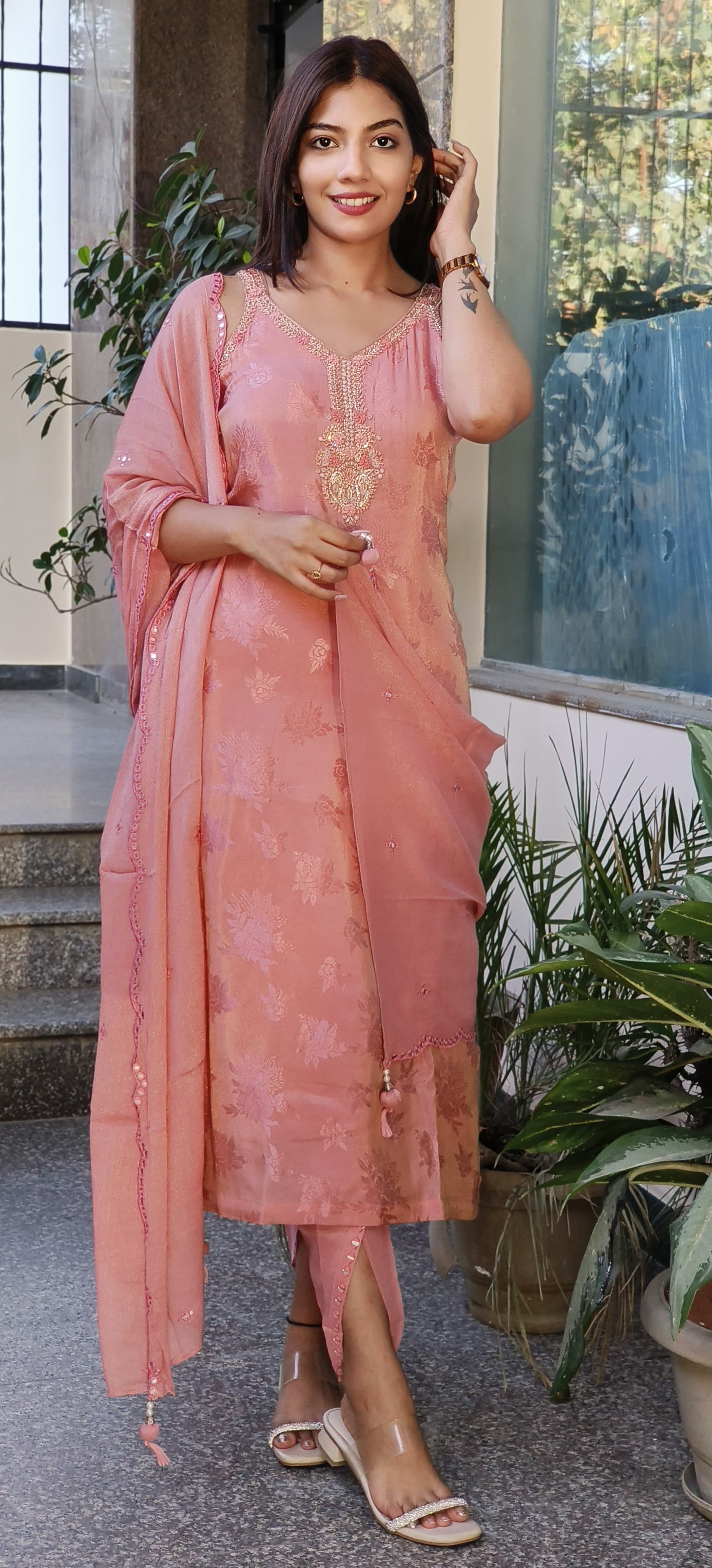 Radiant Tissue Zardosi Embroidered Neckline With Tulip Pant And Dupatta and seprate Slevees