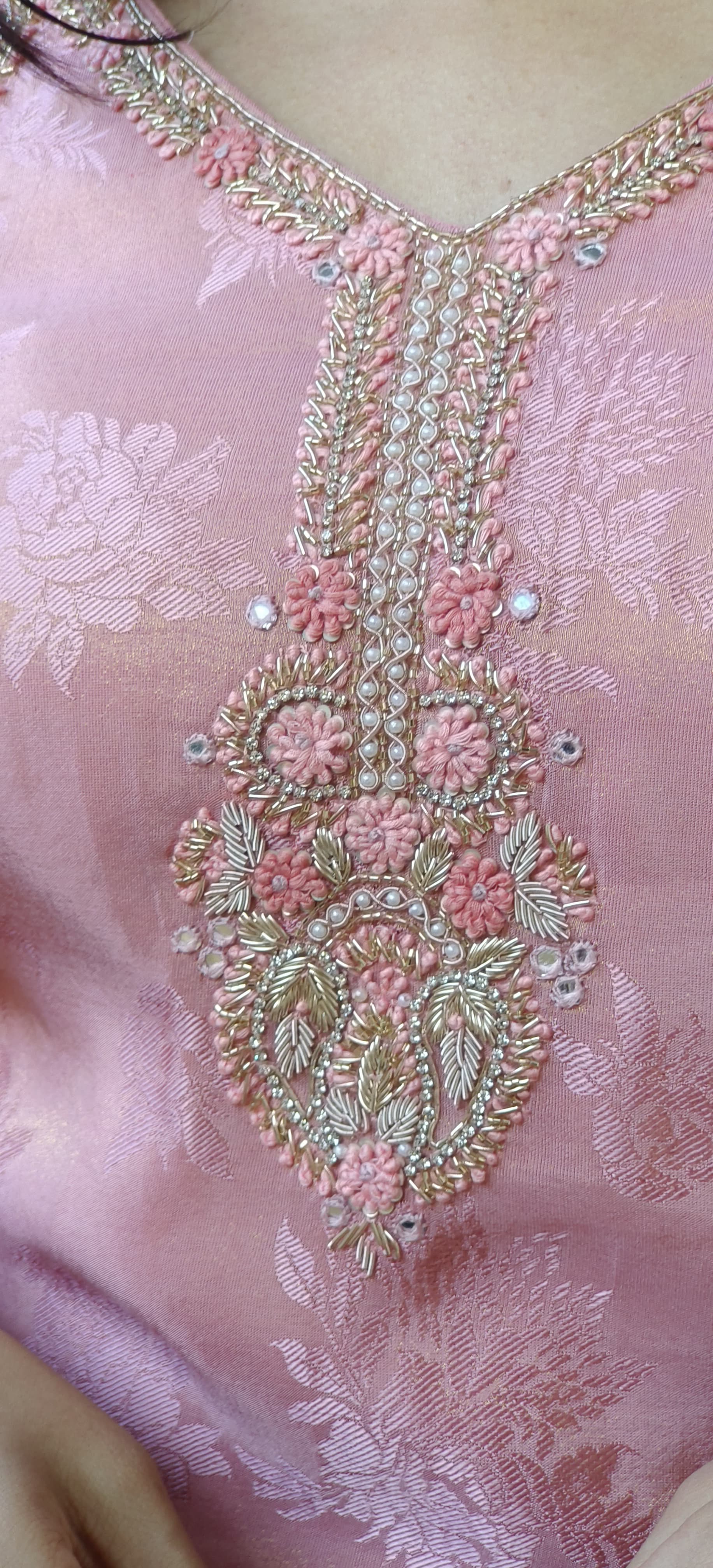 Radiant Tissue Zardosi Embroidered Neckline With Tulip Pant And Dupatta and seprate Slevees